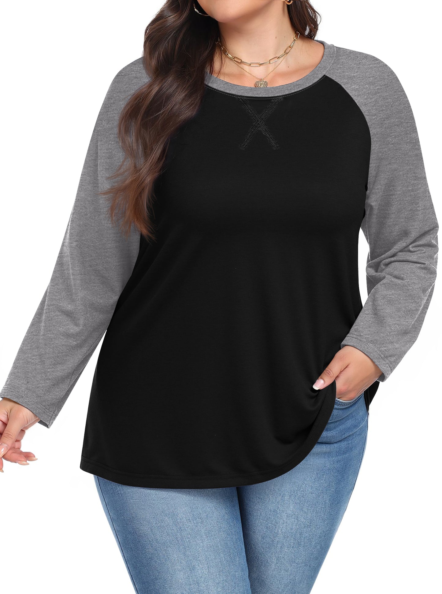 WellSize Plus Size T Shirts for Women Color Block Long Sleeve Tops Casual Tee Crew Neck Blouses