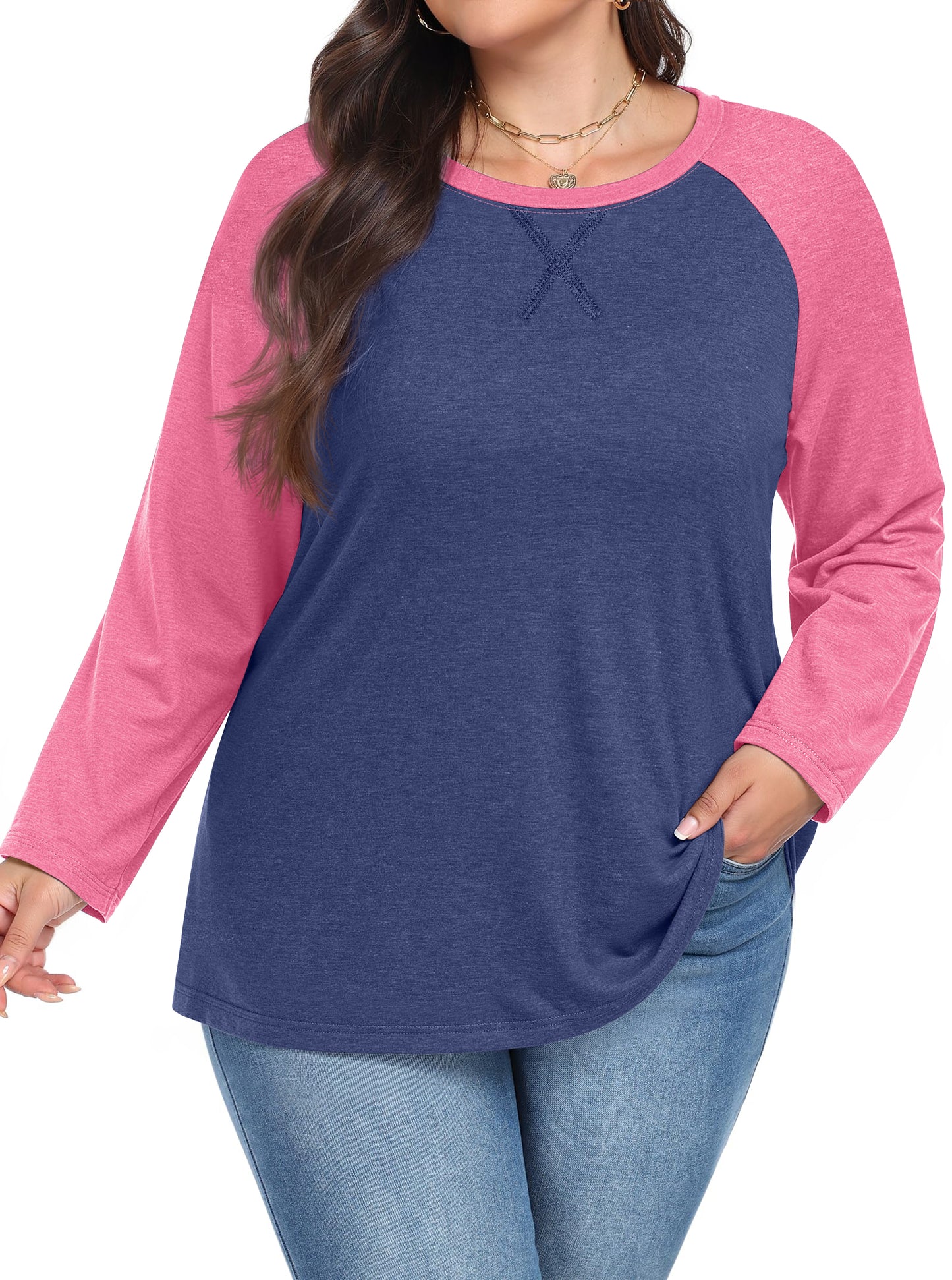 WellSize Plus Size T Shirts for Women Color Block Long Sleeve Tops Casual Tee Crew Neck Blouses