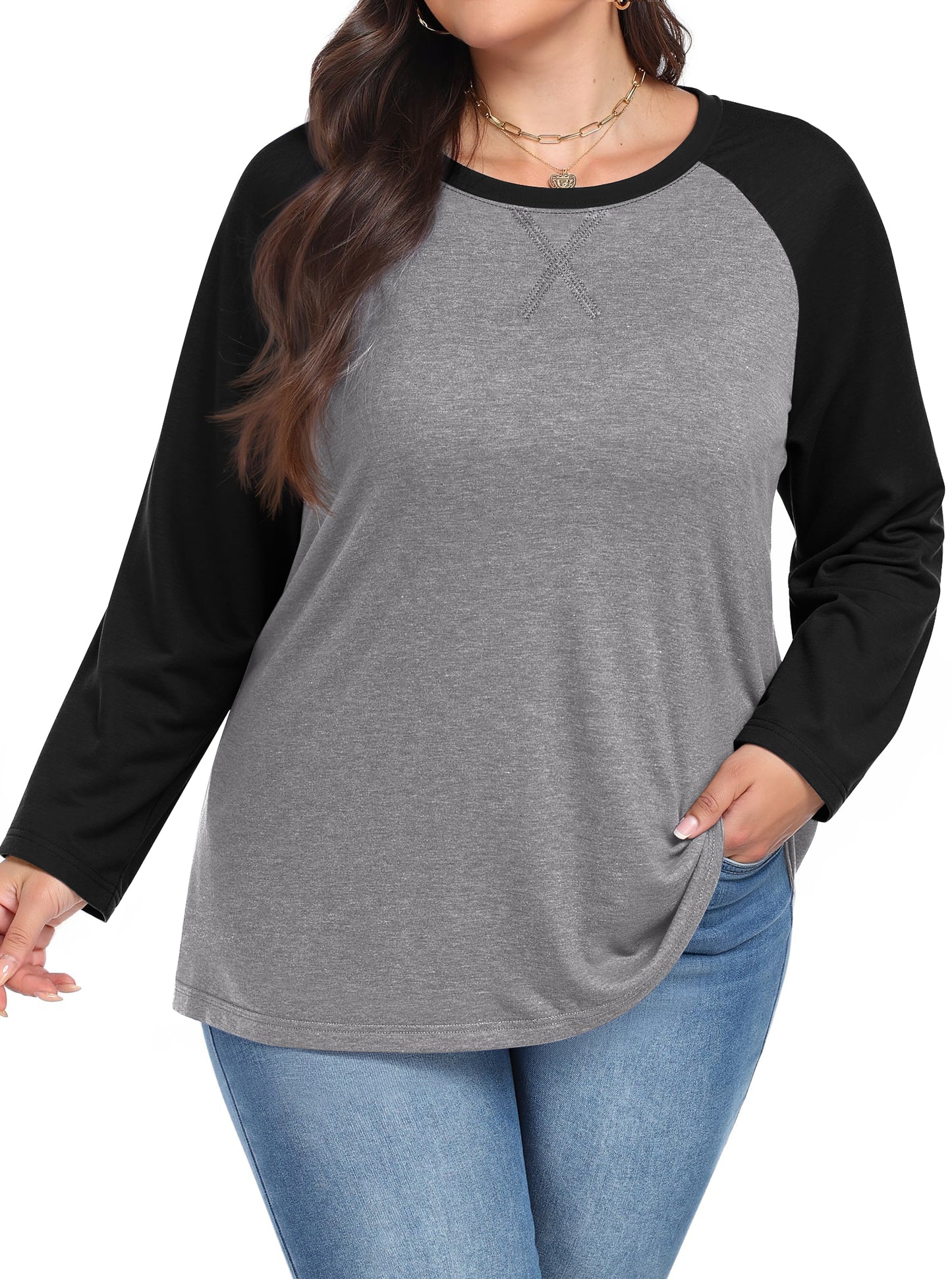 WellSize Plus Size T Shirts for Women Color Block Long Sleeve Tops Casual Tee Crew Neck Blouses