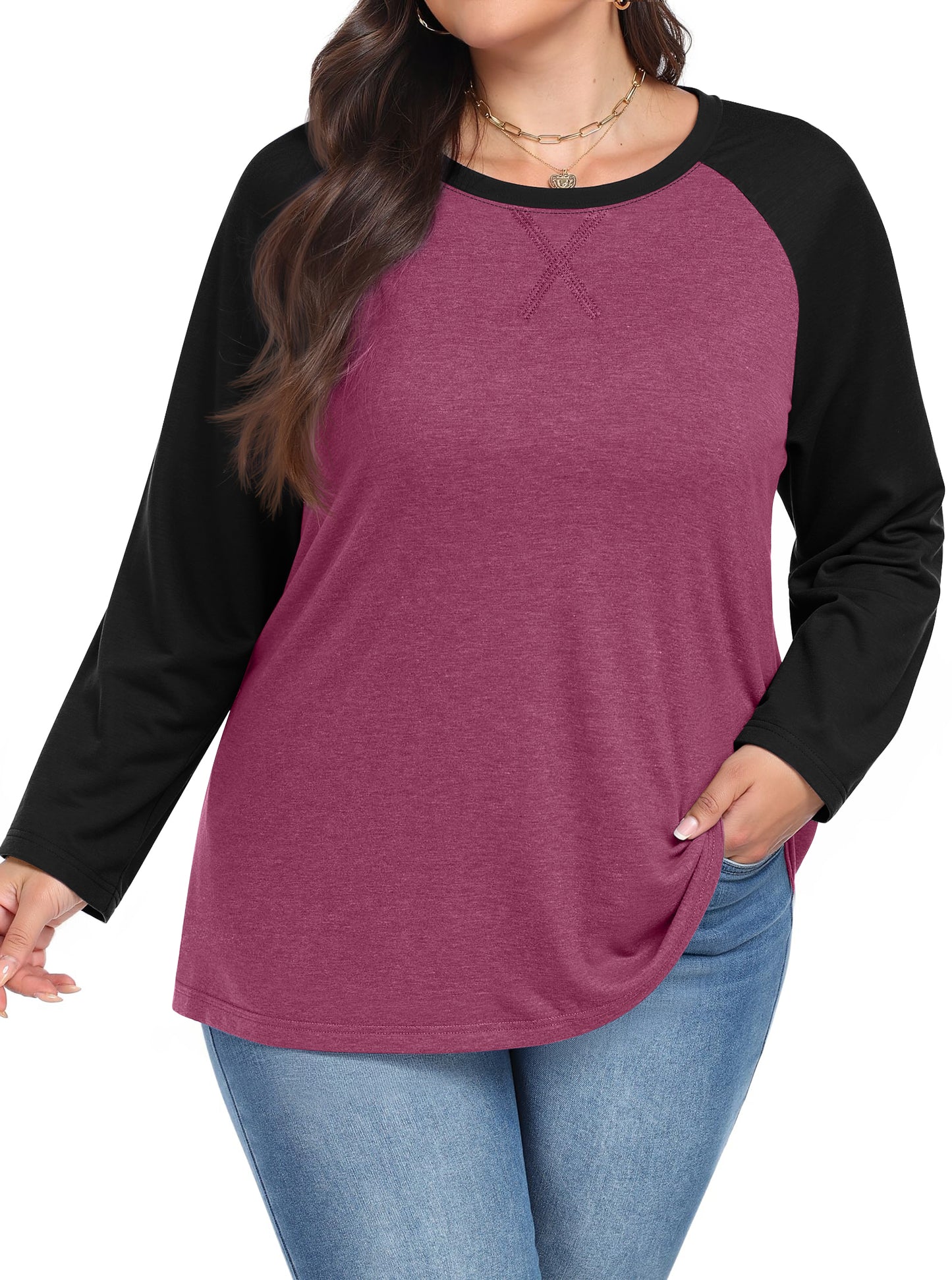 WellSize Plus Size T Shirts for Women Color Block Long Sleeve Tops Casual Tee Crew Neck Blouses