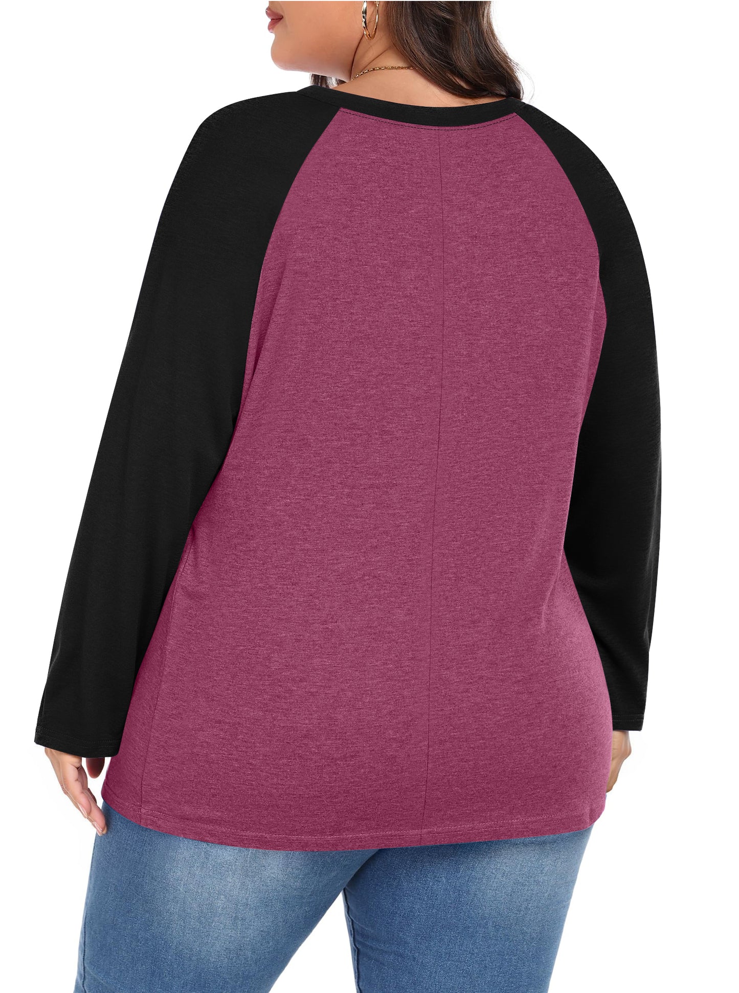 WellSize Plus Size T Shirts for Women Color Block Long Sleeve Fall Tops Casual Tee Crew Neck Blouses