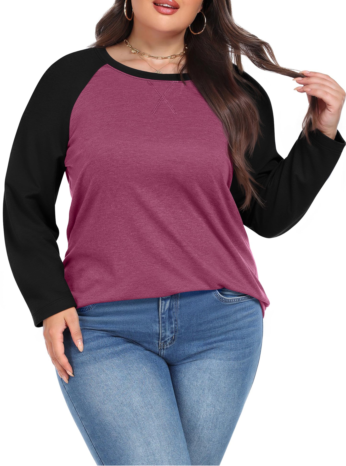 WellSize Plus Size T Shirts for Women Color Block Long Sleeve Tops Casual Tee Crew Neck Blouses