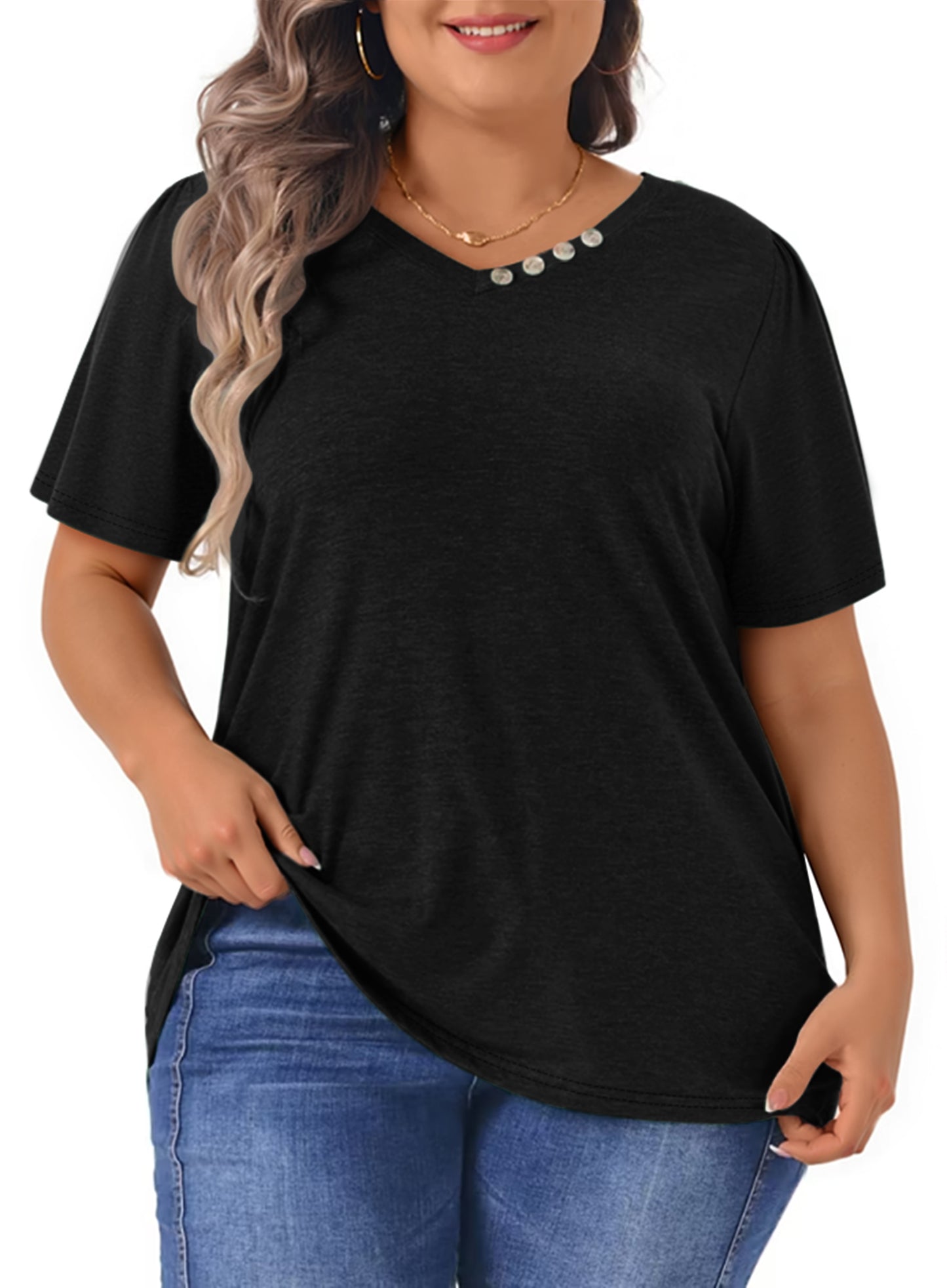 WellSize Plus Size Blouses for Women Button Tunic Tops V Neck Short Sleeve Summer Shirts