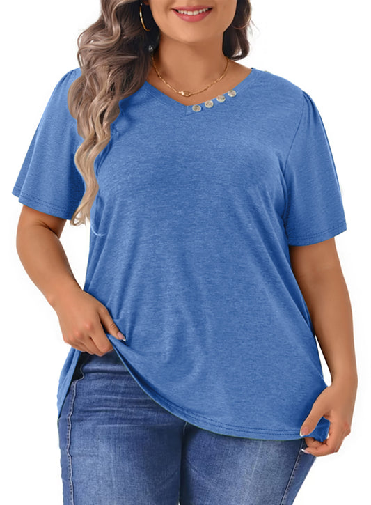 WellSize Plus Size Blouses for Women Button Tunic Tops V Neck Short Sleeve Summer Shirts