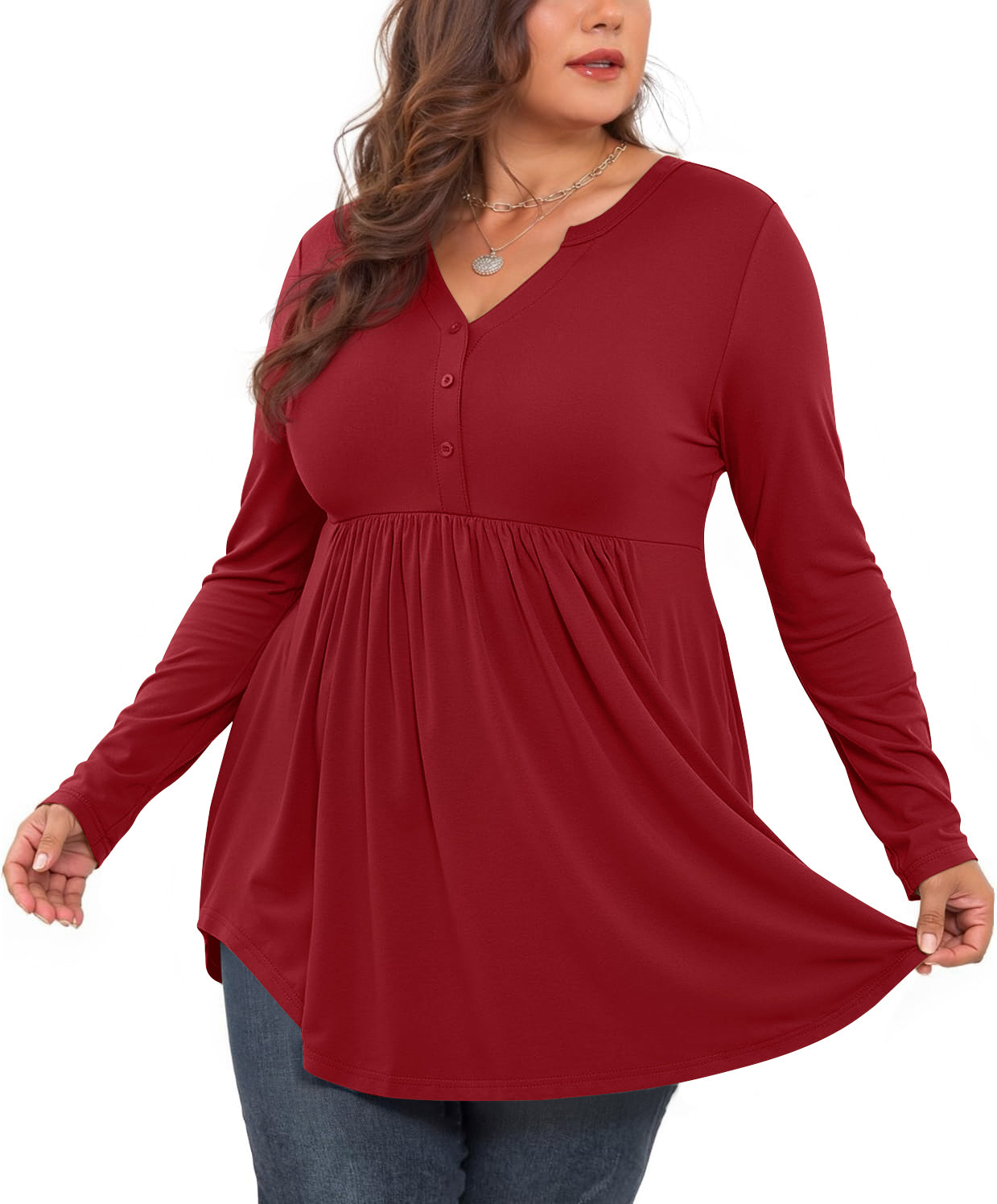 WellSize Plus Size Women Blouses V Neck Curved Hems Tunic Fall Tops Casual Long Sleeve Botton Shirts