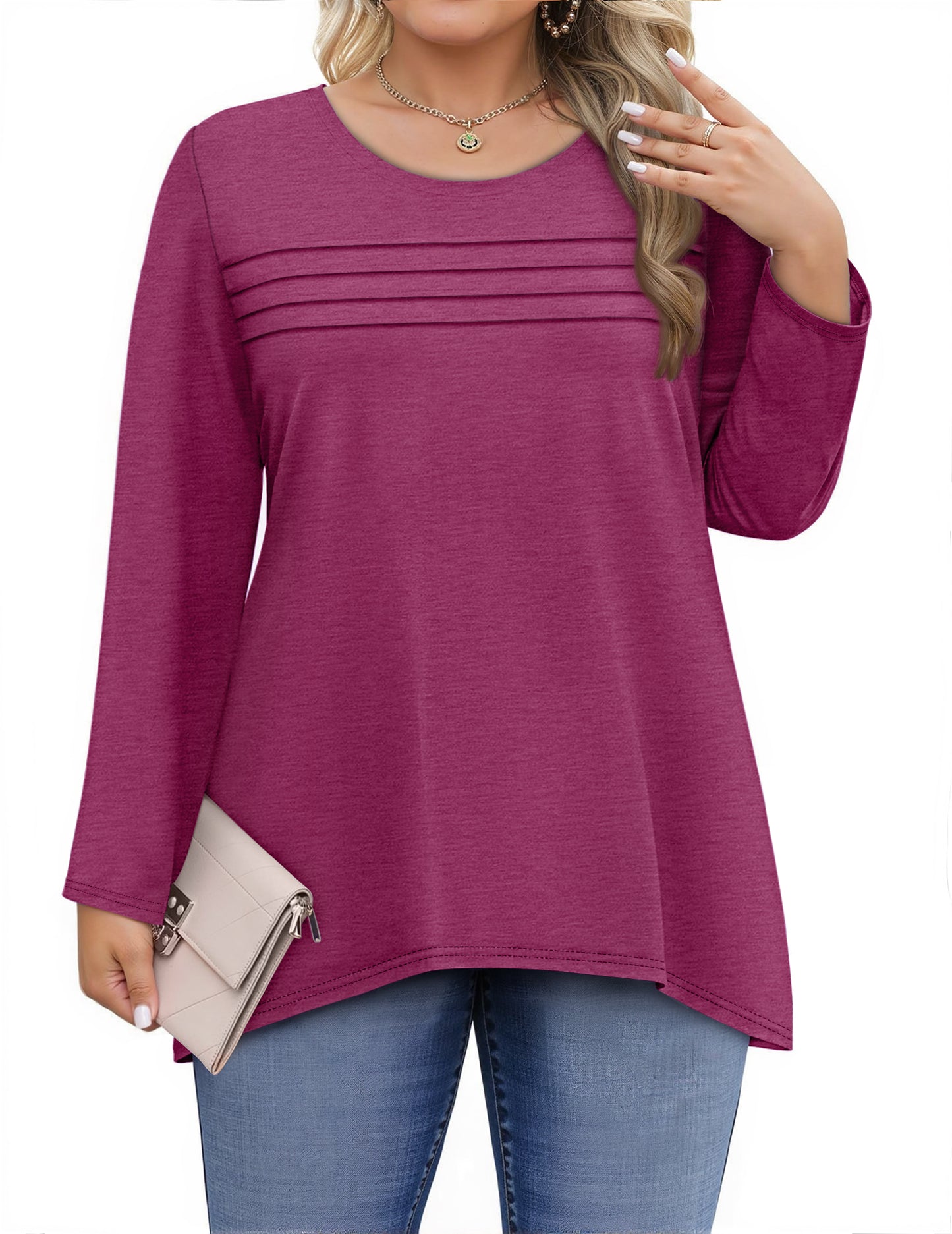 WellSize Plus Size Women Tunic Tops Casual Crew Neck Long Sleeve Blouses Dressy Pleated Fall Shirts