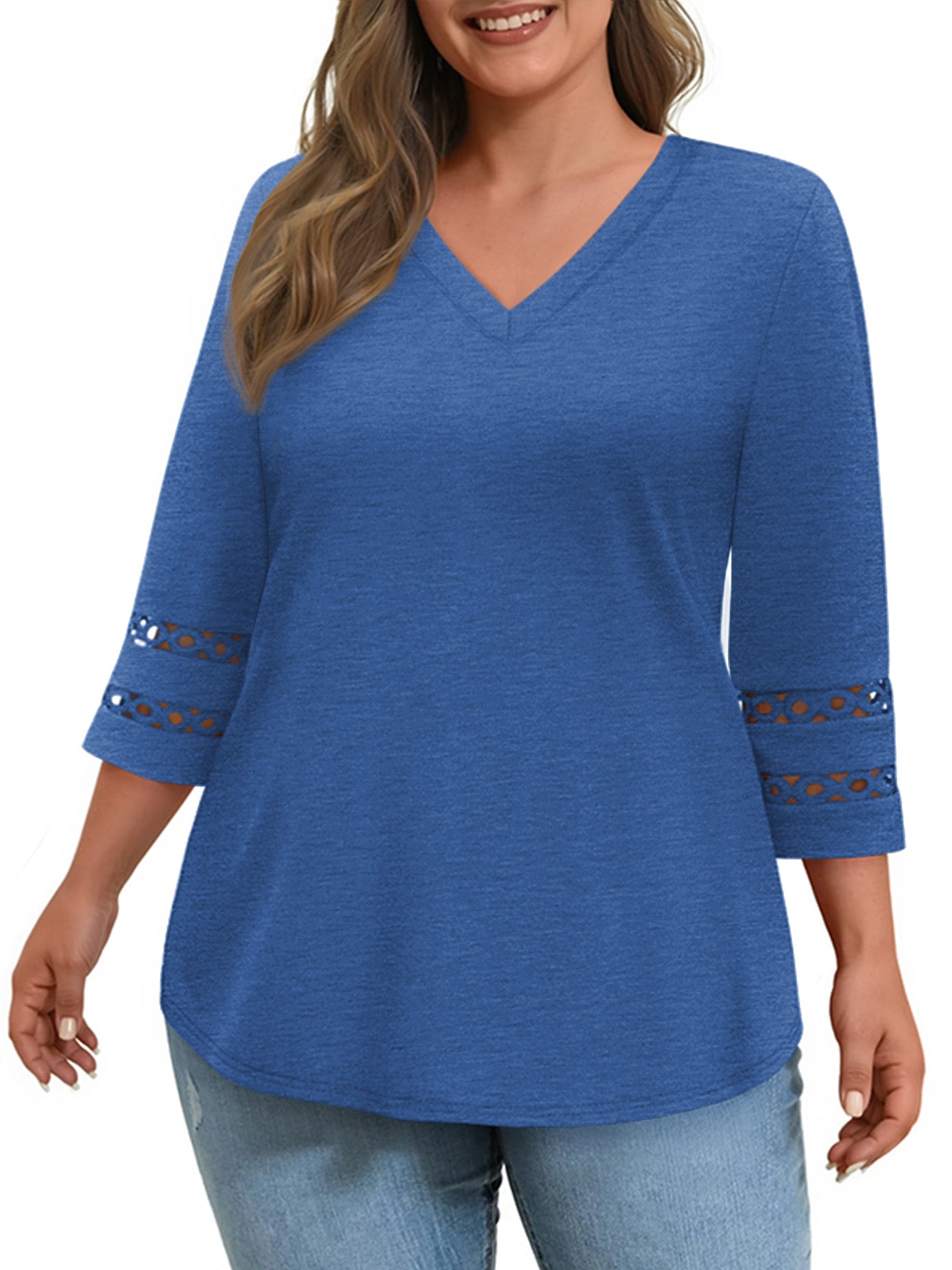 WellSize 3/4 Sleeve Womens Plus Size Tops V Neck Trendy Tunic Blouses Curved Hem Casual Shirts