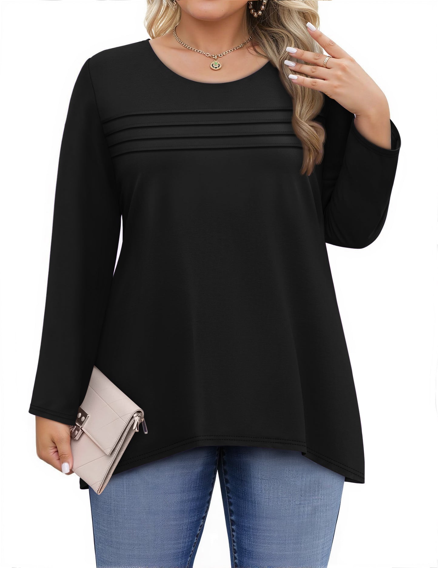 WellSize Plus Size Women Tunic Tops Casual Crew Neck Long Sleeve Blouses Dressy Pleated Fall Shirts