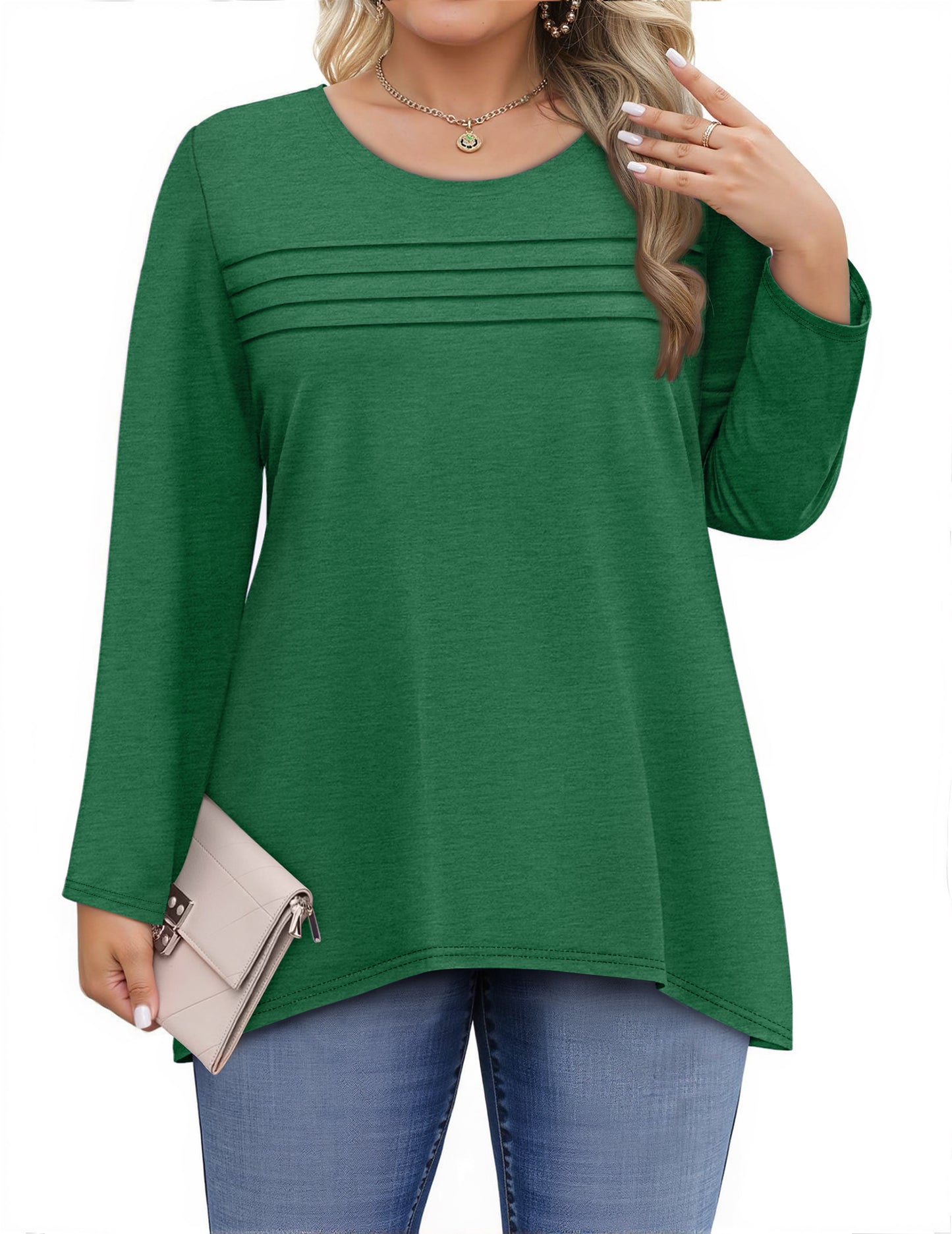 WellSize Plus Size Women Tunic Tops Casual Crew Neck Long Sleeve Blouses Dressy Pleated Fall Shirts