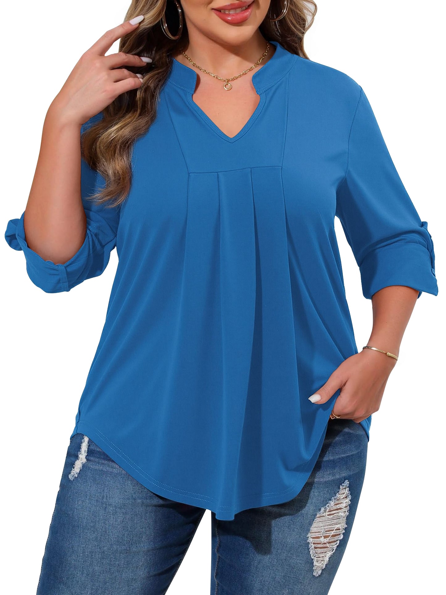 WellSize Plus Size Blouse for Women Dressy Pleated Tunic Tops Roll Up 3/4 Sleeve Shirts