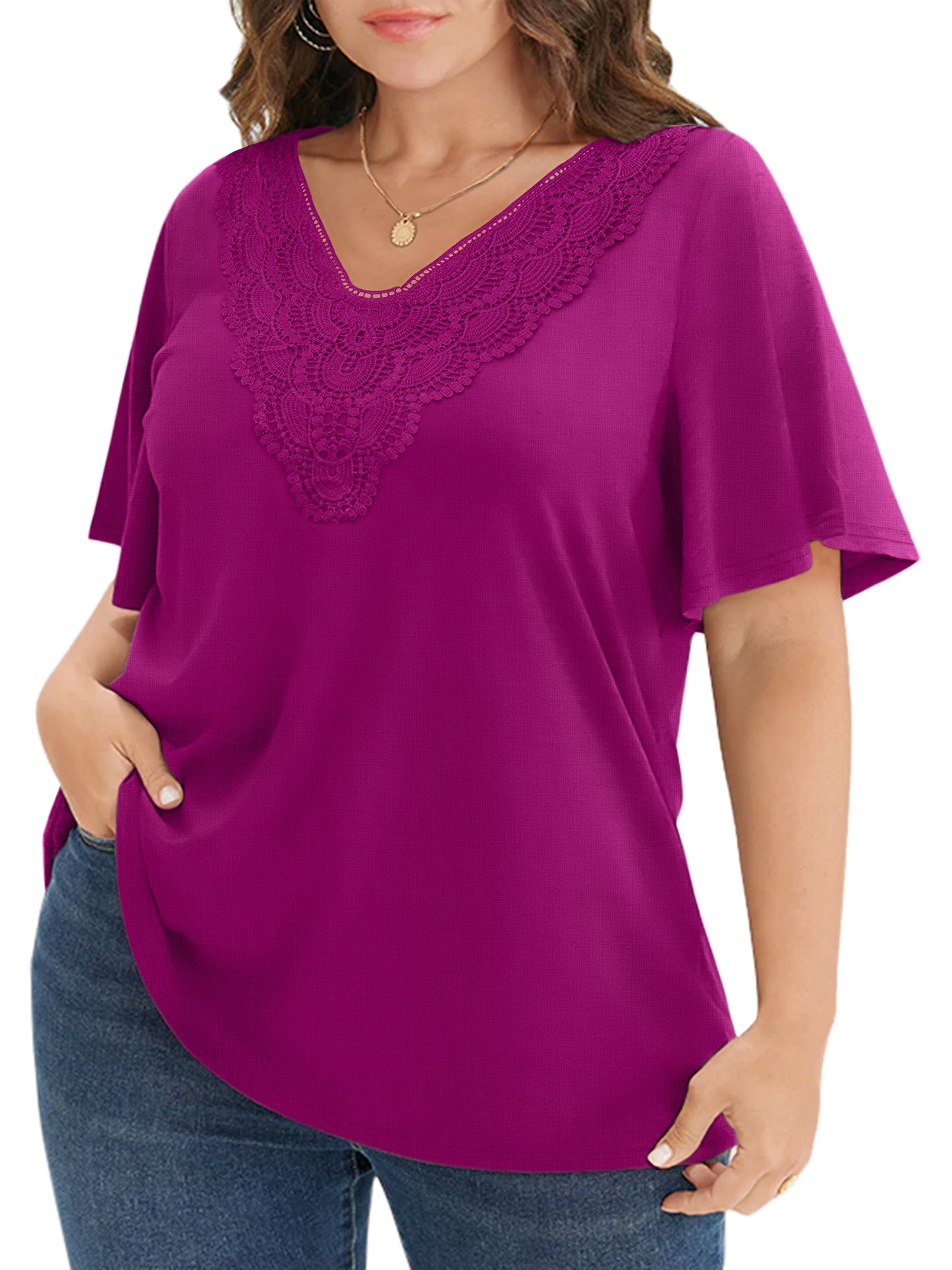 WellSize Women Plus Size Tops Dressy Lace V Neck Shirts Casaul Short Sleeve Tunic Blouses