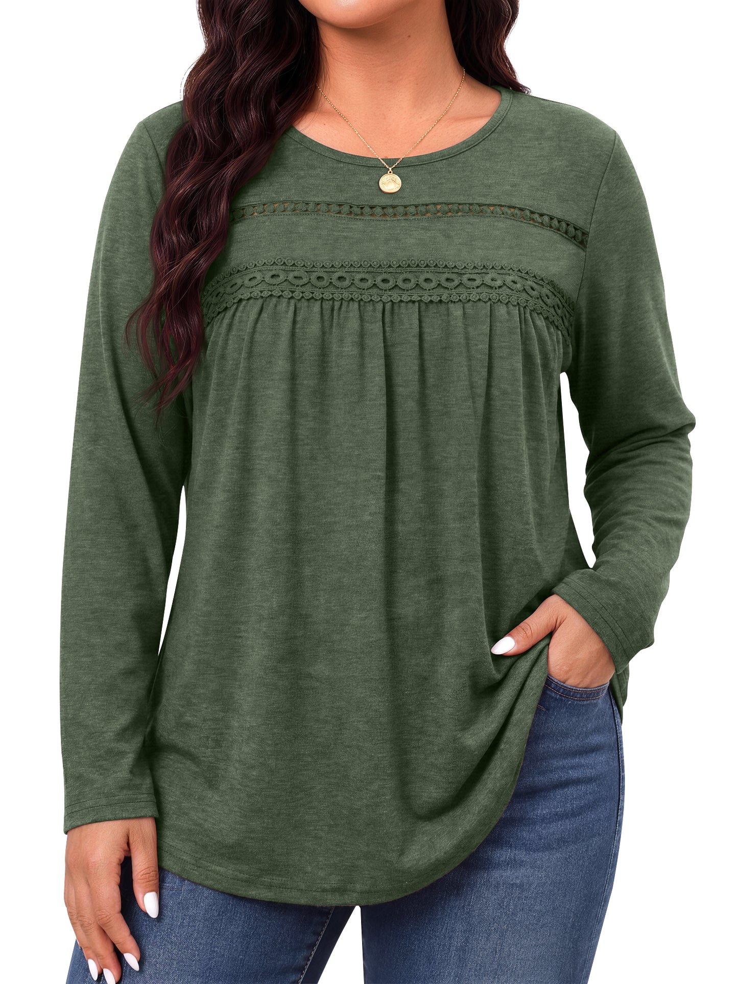 WellSize Plus Size Women Blouses Lace Long Sleeve Boho Tops Crew Neck Fall Shirts Trendy Tunic Blouses