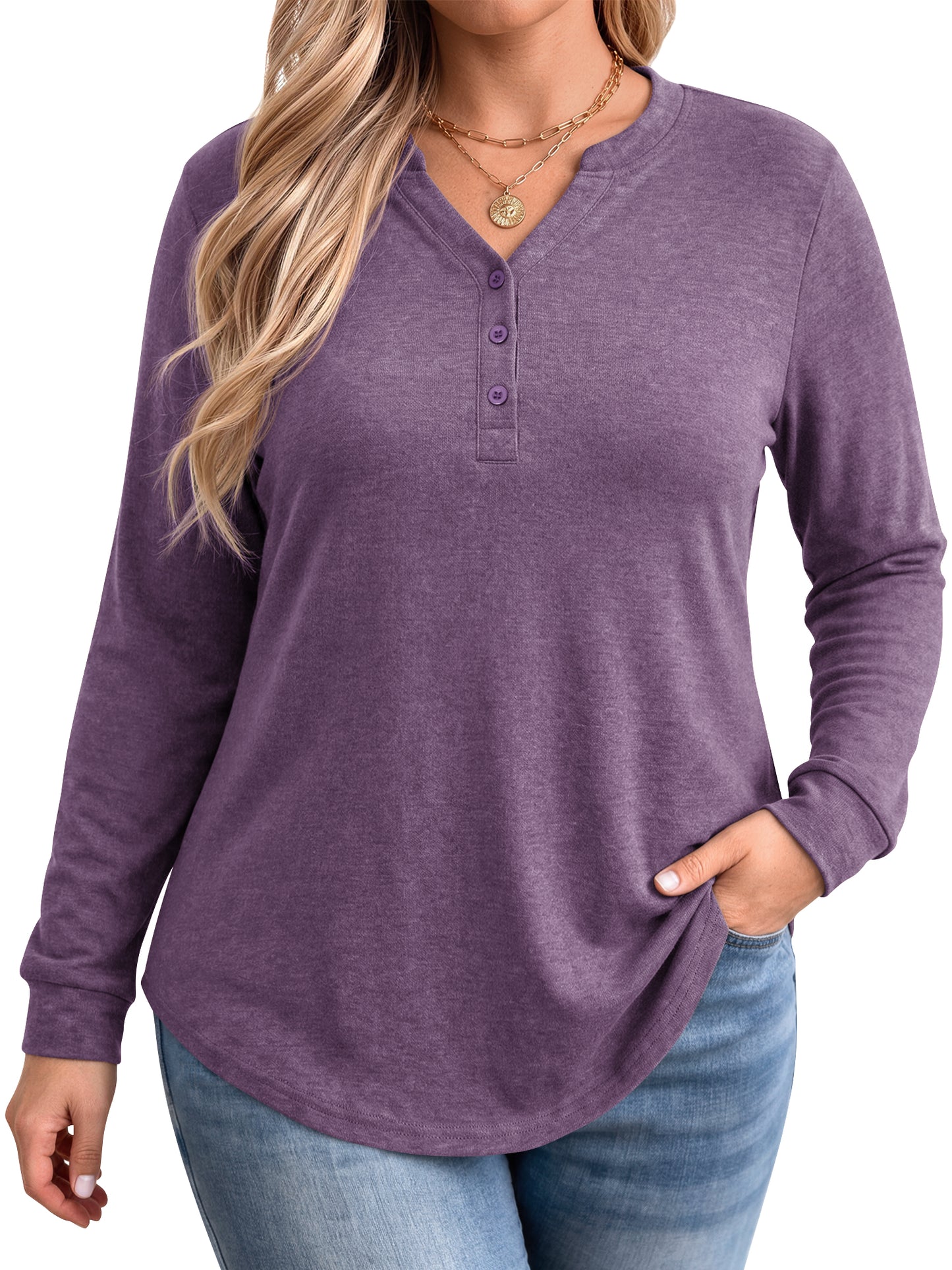 WellSize Plus Size Blouses for Women Henley V Neck Tops Casual Long Sleeve Button Shirts Fall Pullover Outfit