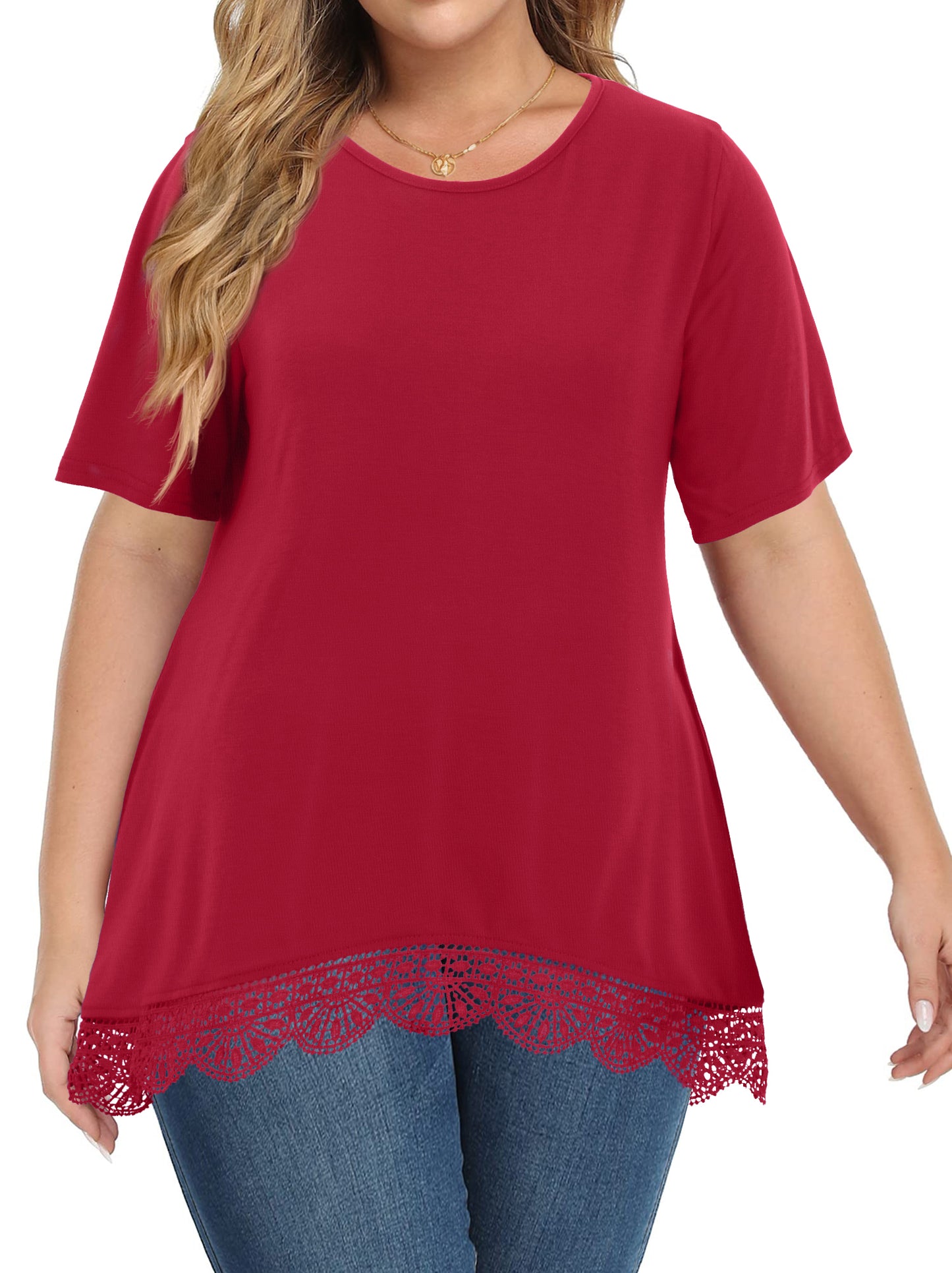WellSize Women Plus Size Tops Casual Lace Tunic Blouse Summer Crew Neck Short Sleeve Shirts