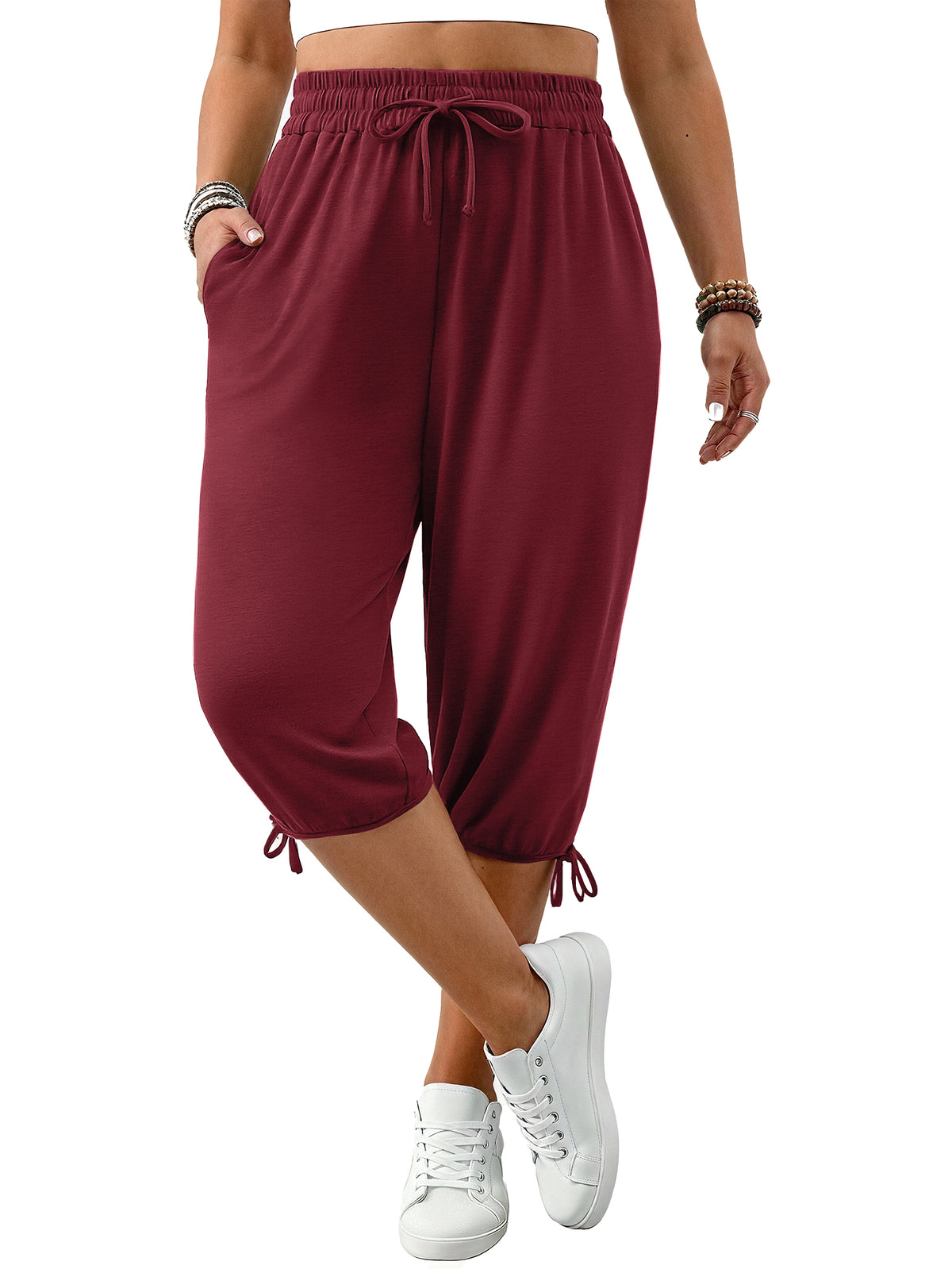 WellSize Plus Size Capris Pants for Women Lightweight Casual Joggers with Pockets Loose Fit High Waisted Pants