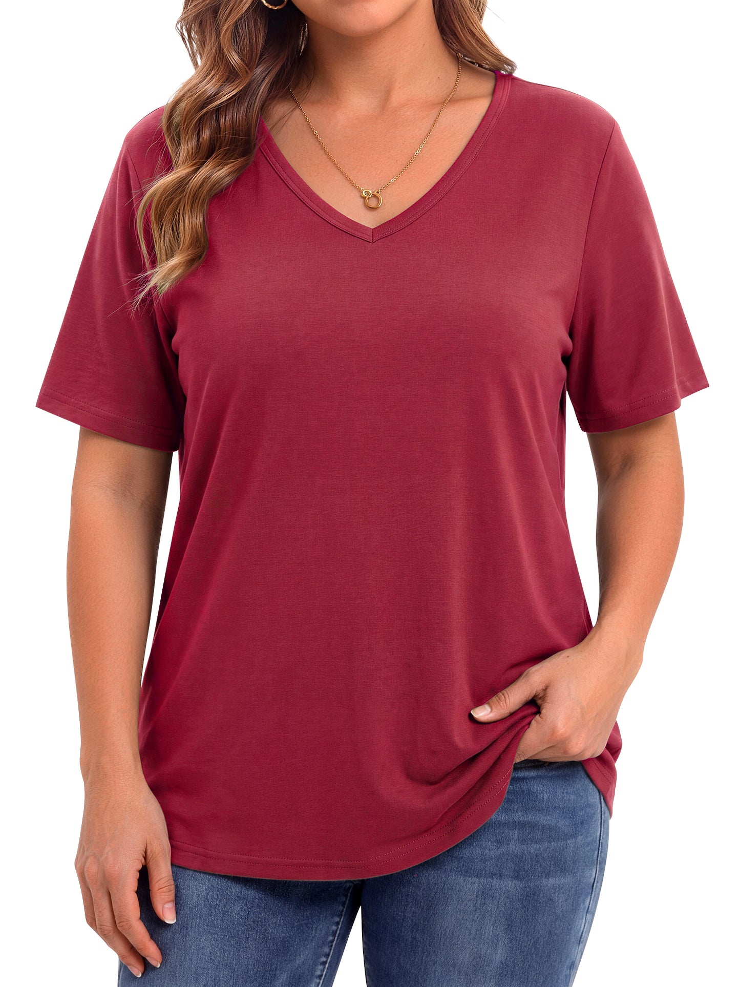 WellSize Plus Size Womens T Shirts V Neck Tunic Tops for Women Summer Short Sleeve Shirts Basic Tops