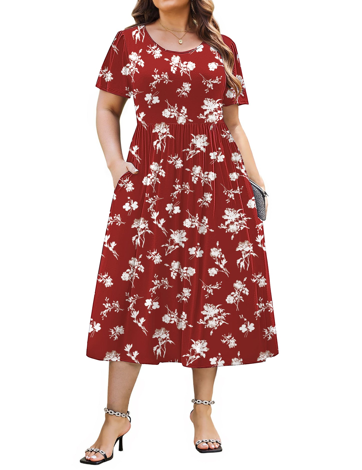 WellSize Plus Size Women Summer Dresses Casual Crew Neck Short Sleeve Sundresses Floral Midi Dress with Pockets