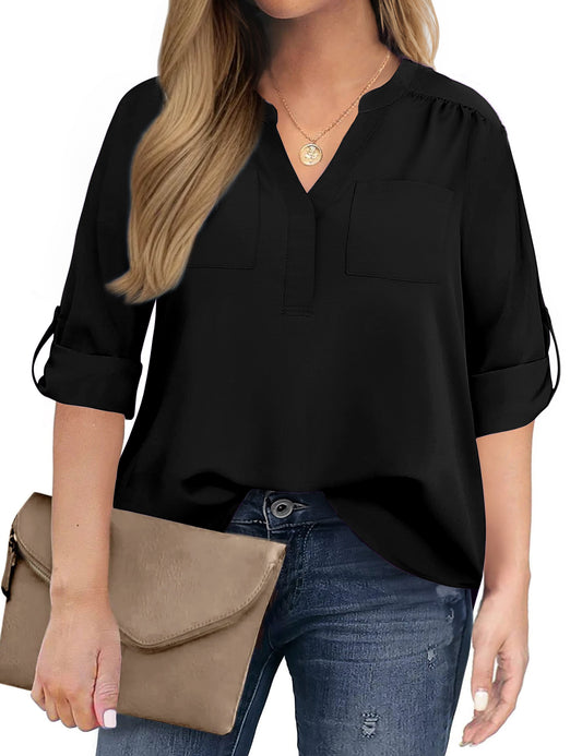 WellSize 3/4 Roll Sleeve Work Shirts for Women Plus Size Tunic Tops Flowy V Neck Button Down Blouses with Pockets
