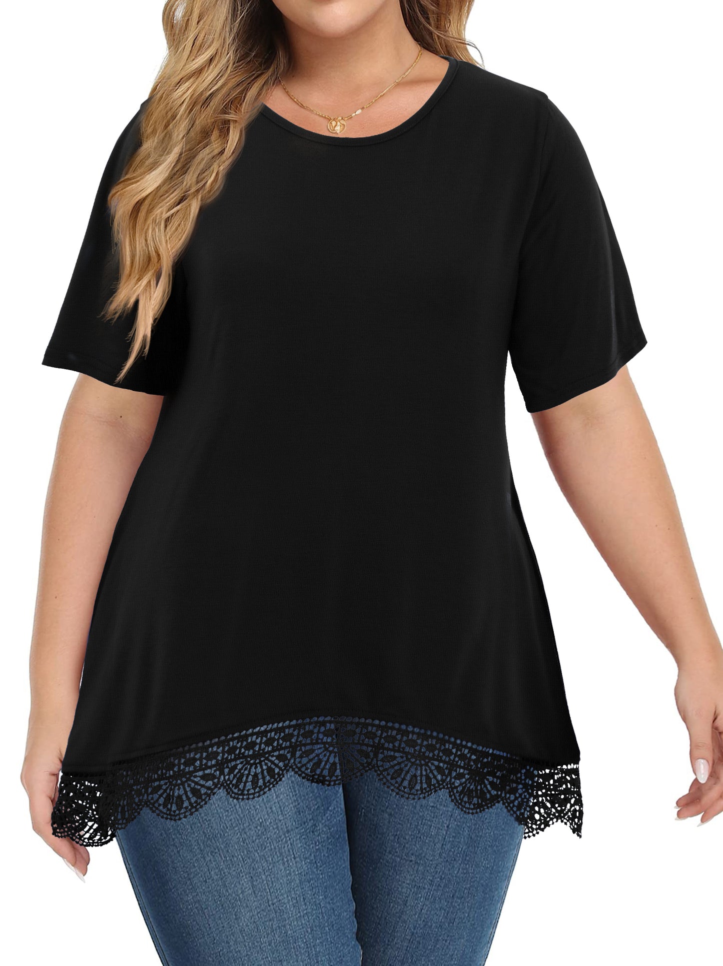 WellSize Women Plus Size Tops Casual Lace Tunic Blouse Summer Crew Neck Short Sleeve Shirts