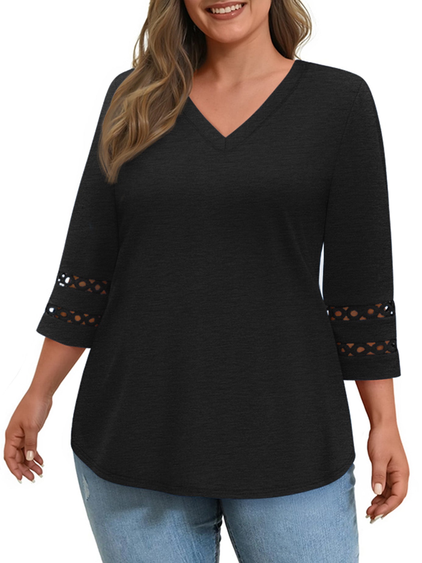 WellSize 3/4 Sleeve Womens Plus Size Tops V Neck Trendy Tunic Blouses Curved Hem Casual Shirts