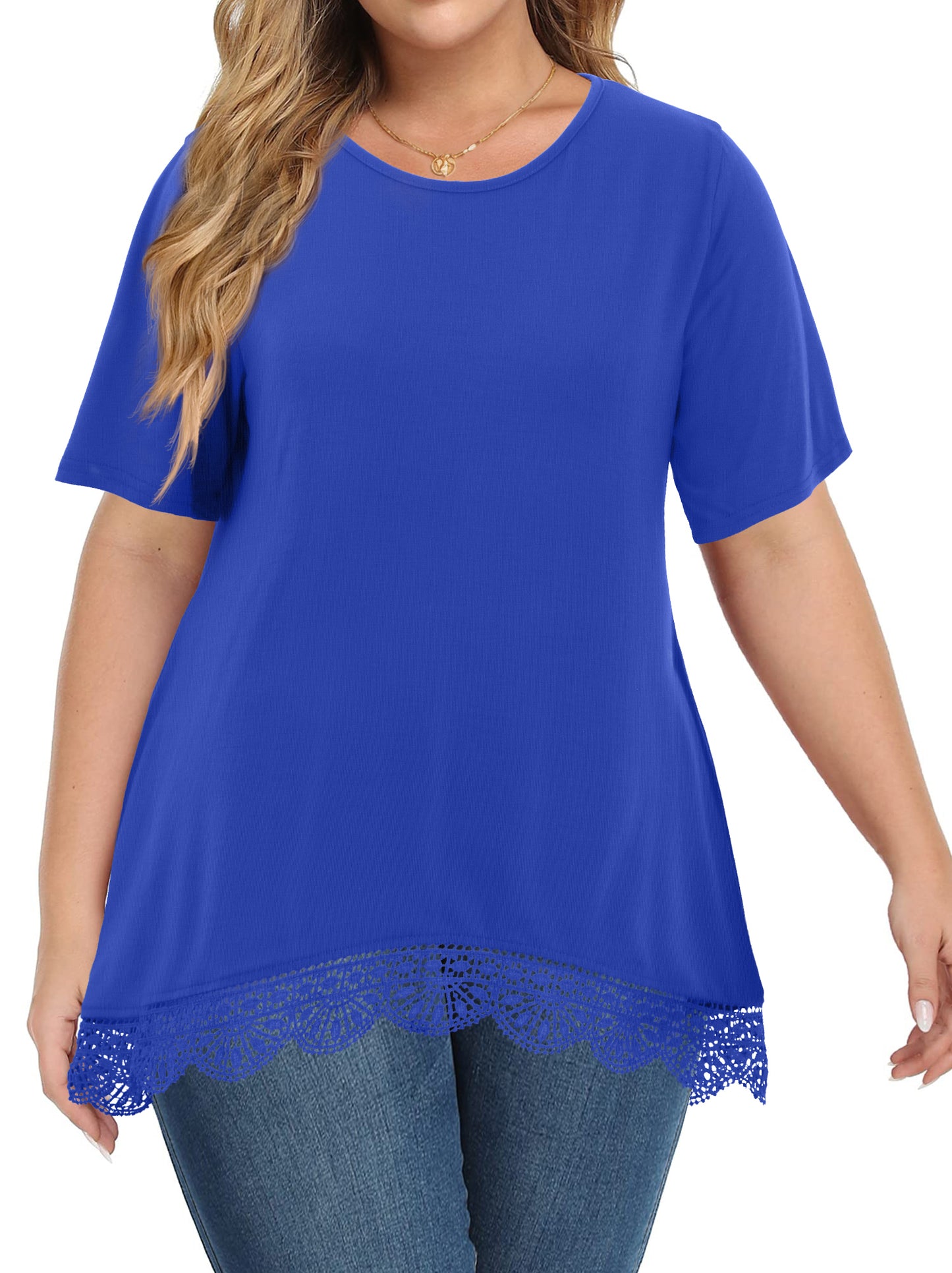 WellSize Women Plus Size Tops Casual Lace Tunic Blouse Summer Crew Neck Short Sleeve Shirts