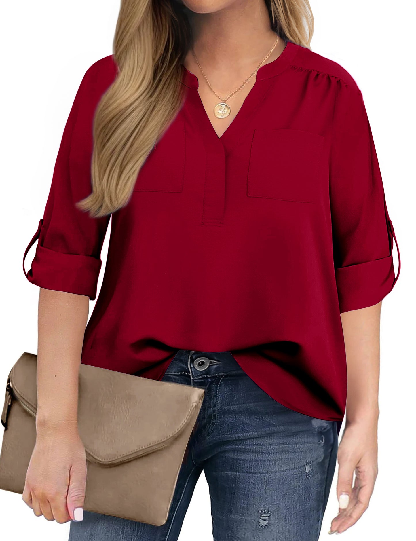 WellSize 3/4 Roll Sleeve Work Shirts for Women Plus Size Tunic Tops Flowy V Neck Button Down Blouses with Pockets