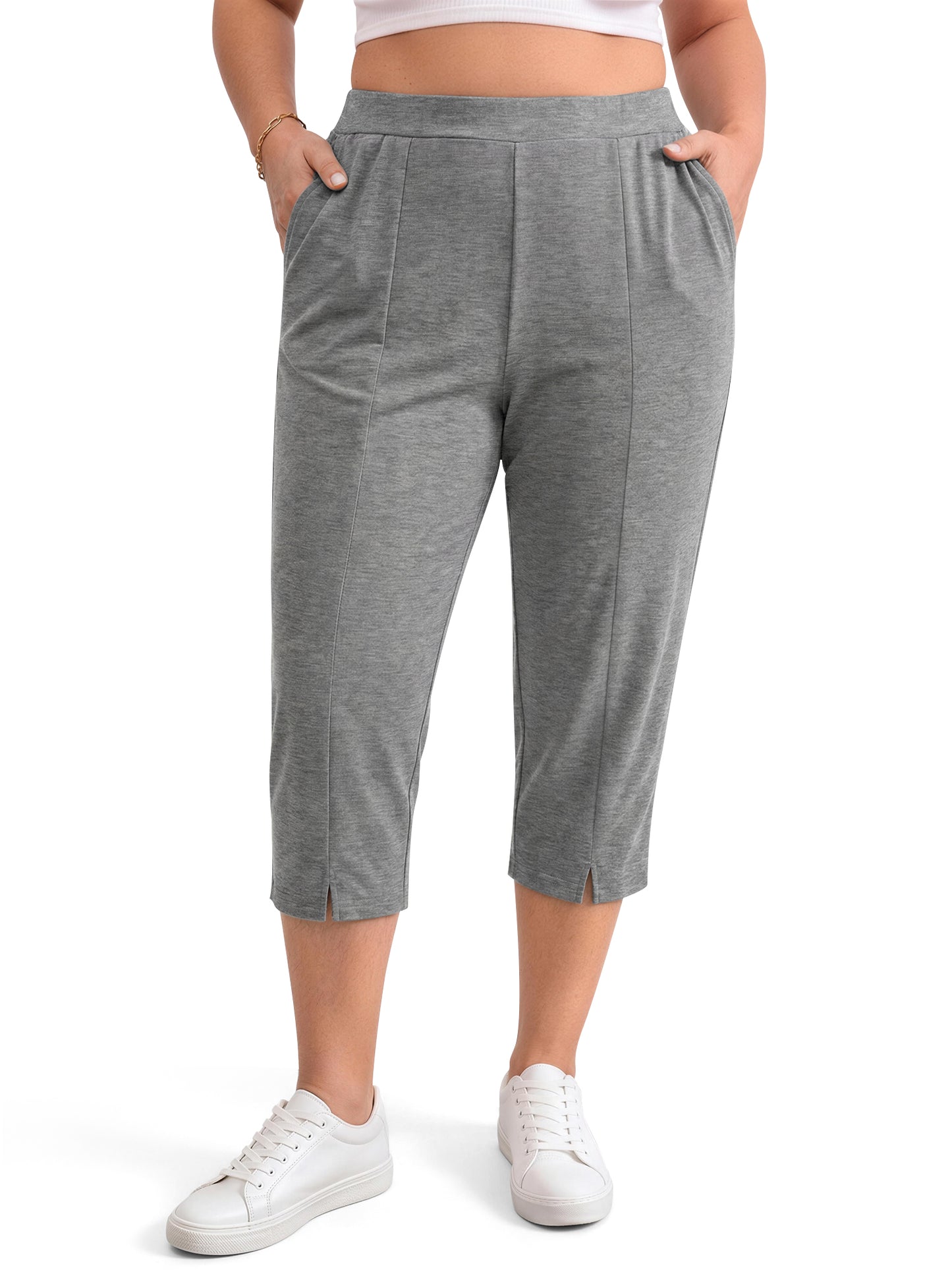 WellSize Plus Size Capri Pants for Women High Waisted Split Casual Lounge Pants With Pockets Summer Lightweight Cropped Pants