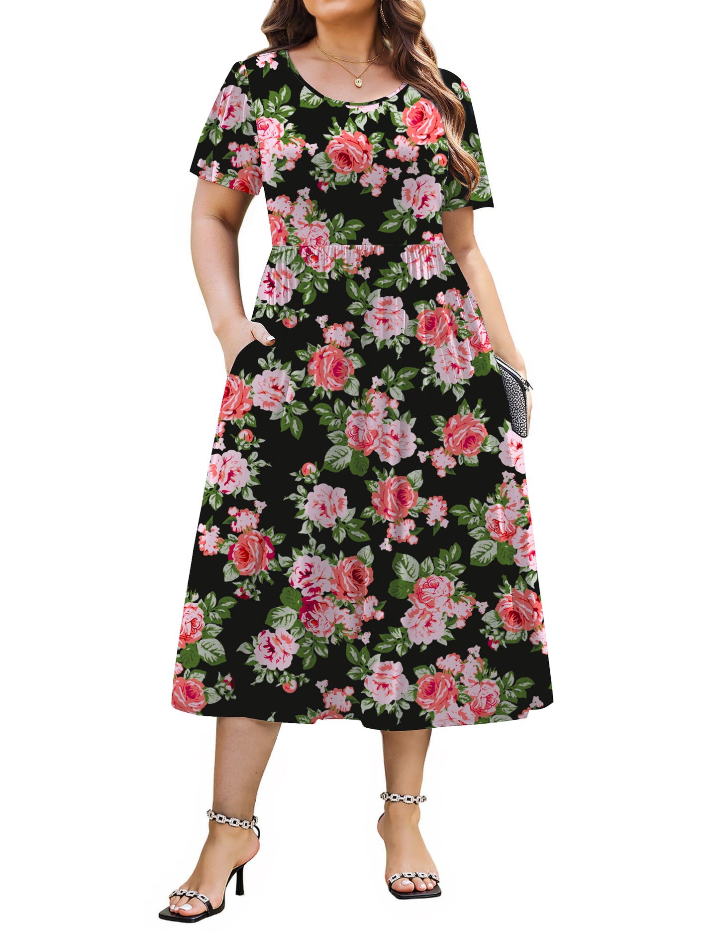 WellSize Plus Size Women Summer Dresses Casual Crew Neck Short Sleeve Sundresses Floral Midi Dress with Pockets