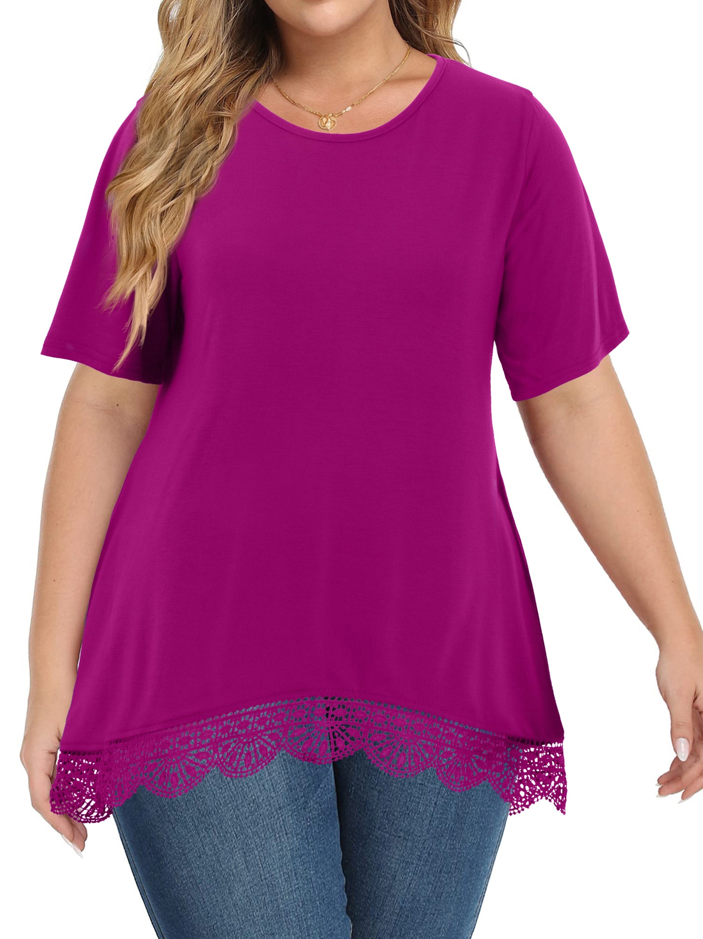 WellSize Women Plus Size Tops Casual Lace Tunic Blouse Summer Crew Neck Short Sleeve Shirts