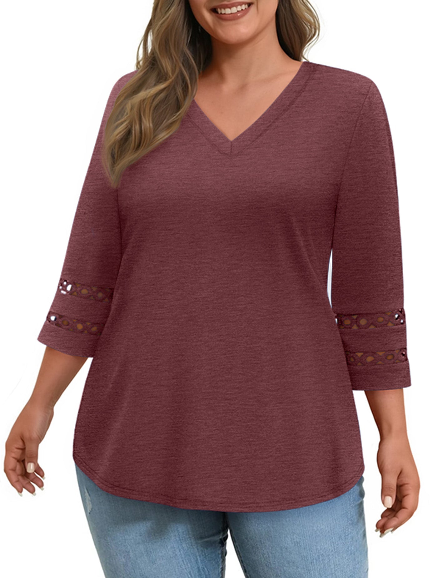 WellSize 3/4 Sleeve Womens Plus Size Tops V Neck Trendy Tunic Blouses Curved Hem Casual Shirts
