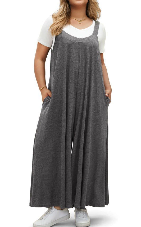 WellSize Plus Size Jumpsuits for Women Adjustable Straps Loose Overalls Long Rompers With Pockets