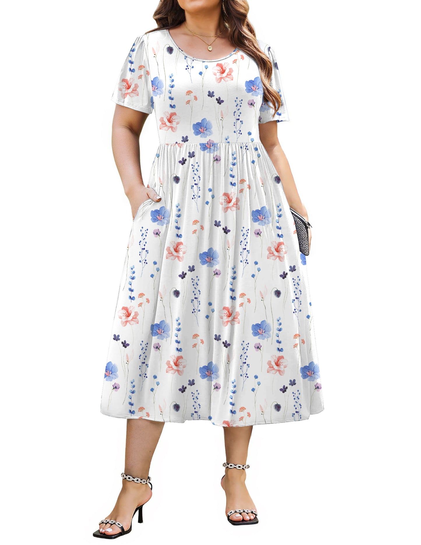 WellSize Plus Size Women Summer Dresses Casual Crew Neck Short Sleeve Sundresses Floral Midi Dress with Pockets