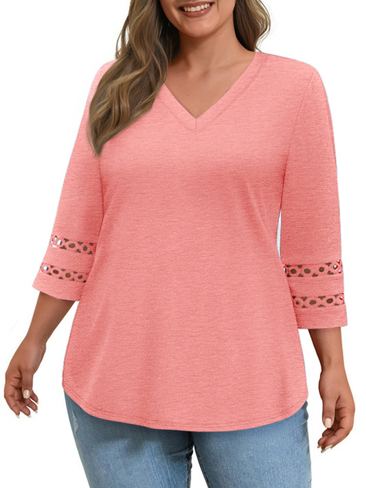 WellSize 3/4 Sleeve Womens Plus Size Tops V Neck Trendy Tunic Blouses Curved Hem Casual Shirts