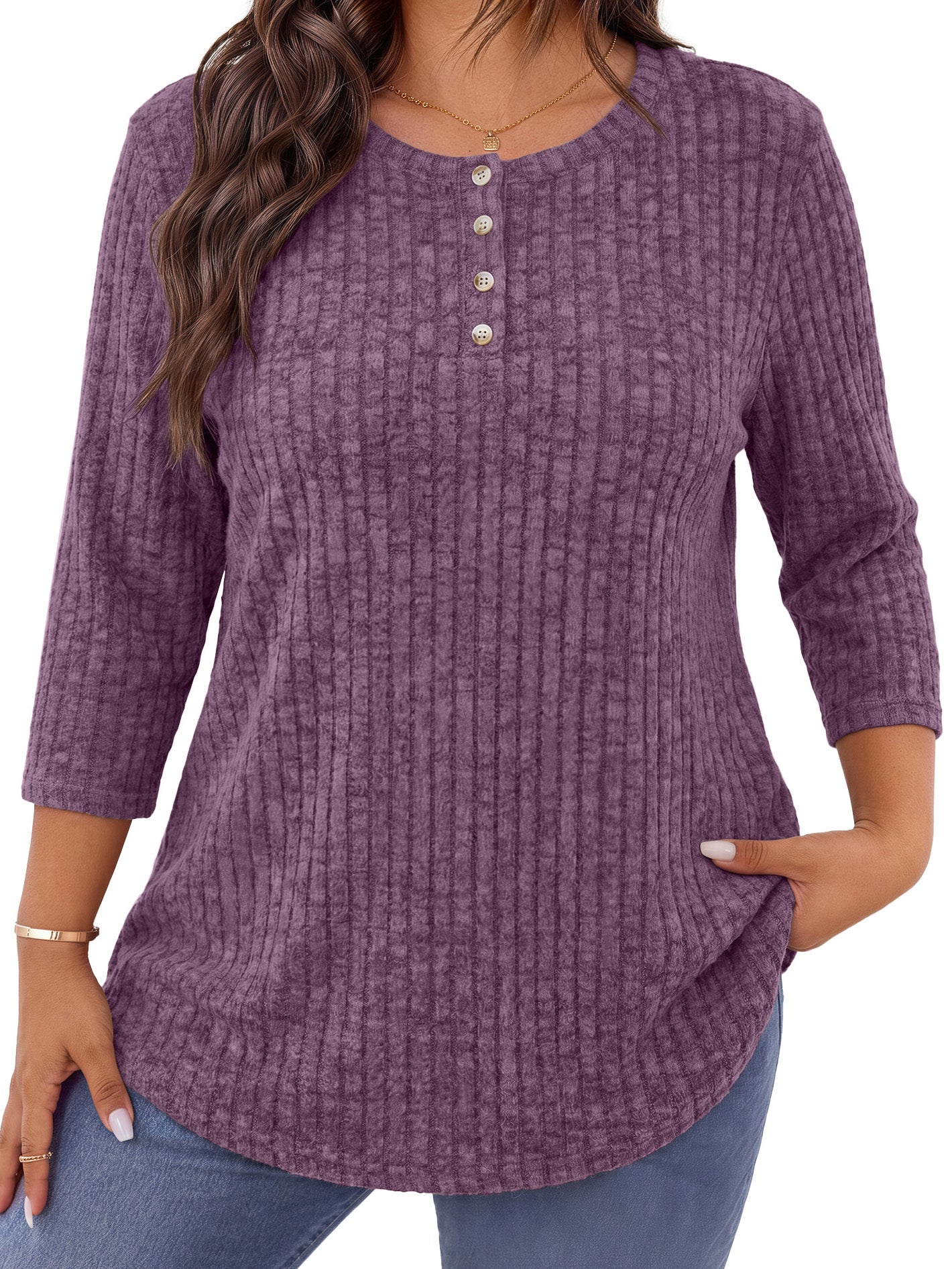 WellSize 3/4 Sleeve Blouses for Women Plus Size Henley Shirts Casual Crew Neck Tunic Tops Trendy Fall Pullover