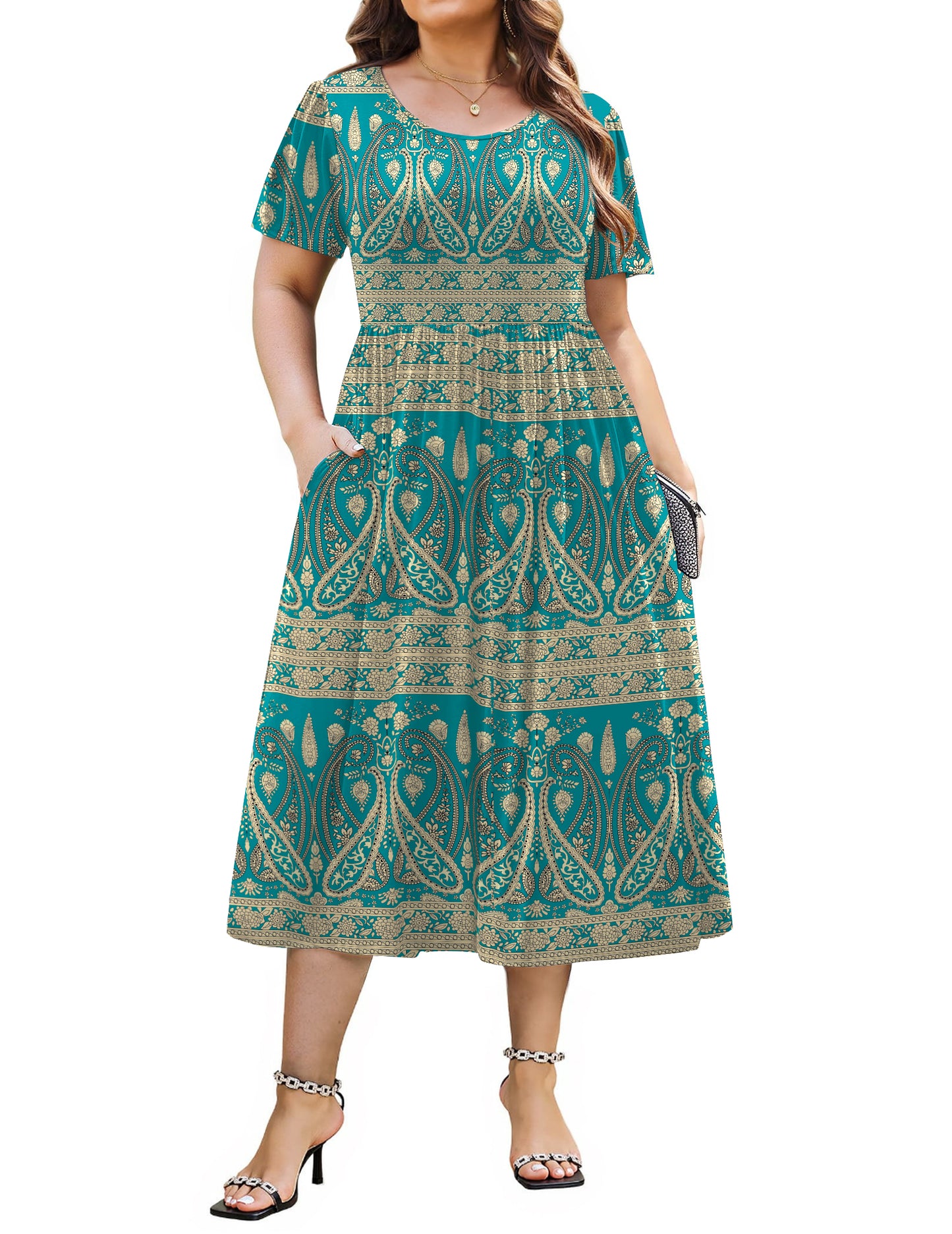 WellSize Plus Size Women Summer Dresses Casual Crew Neck Short Sleeve Sundresses Floral Midi Dress with Pockets