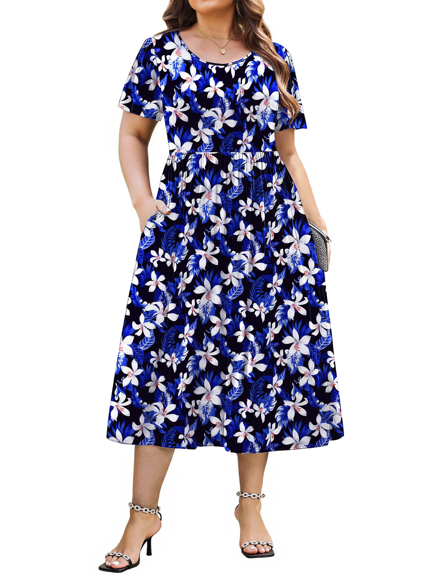 WellSize Plus Size Women Summer Dresses Casual Crew Neck Short Sleeve Sundresses Floral Midi Dress with Pockets
