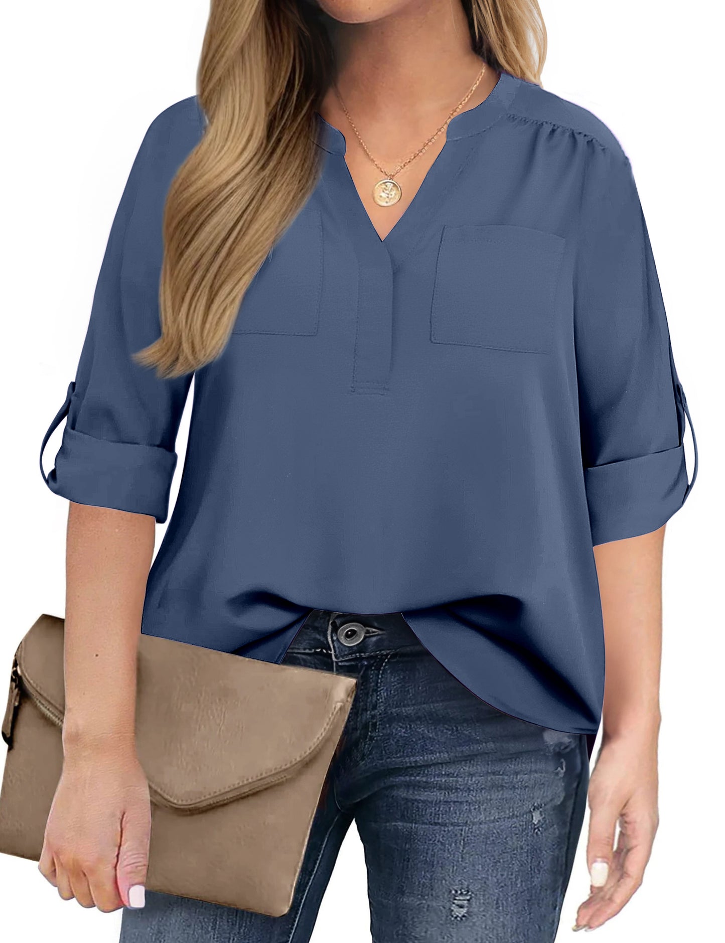WellSize 3/4 Roll Sleeve Work Shirts for Women Plus Size Tunic Tops Flowy V Neck Button Down Blouses with Pockets