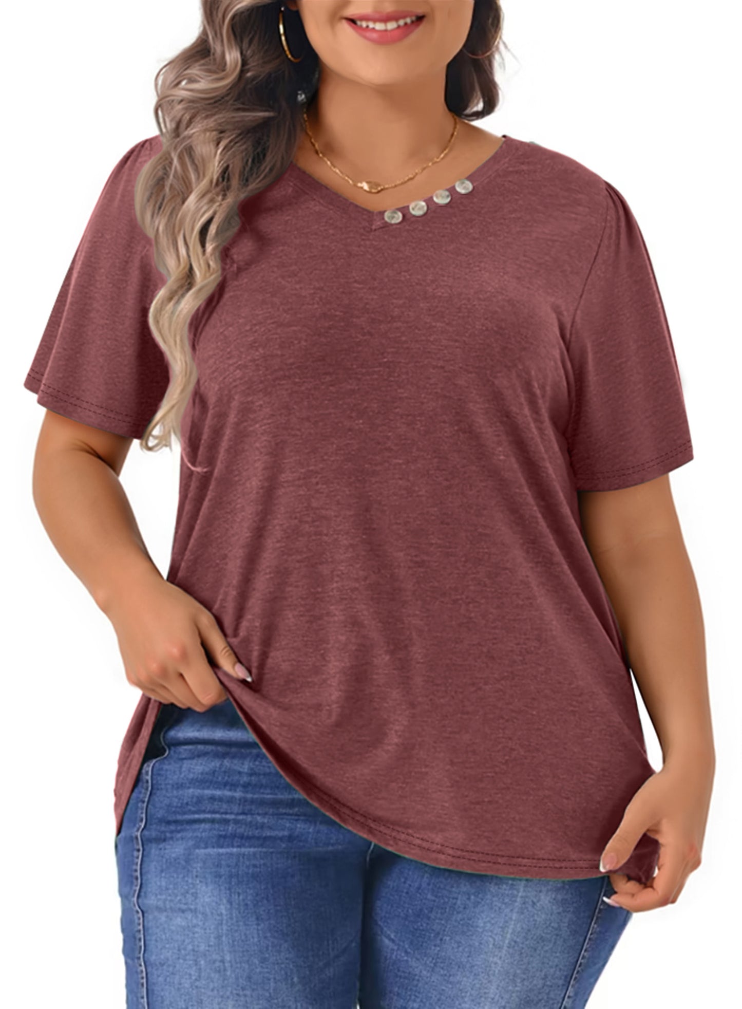WellSize Plus Size Blouses for Women Button Tunic Tops V Neck Short Sleeve Summer Shirts