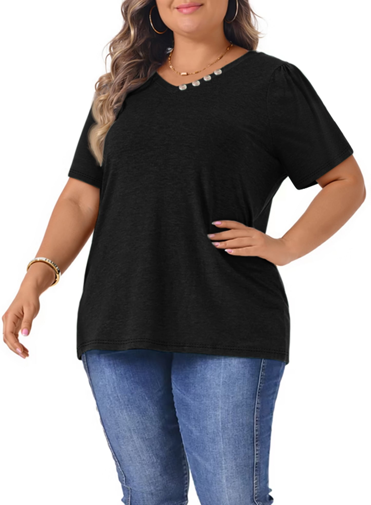 WellSize Plus Size Blouses for Women Button Tunic Tops V Neck Short Sleeve Summer Shirts