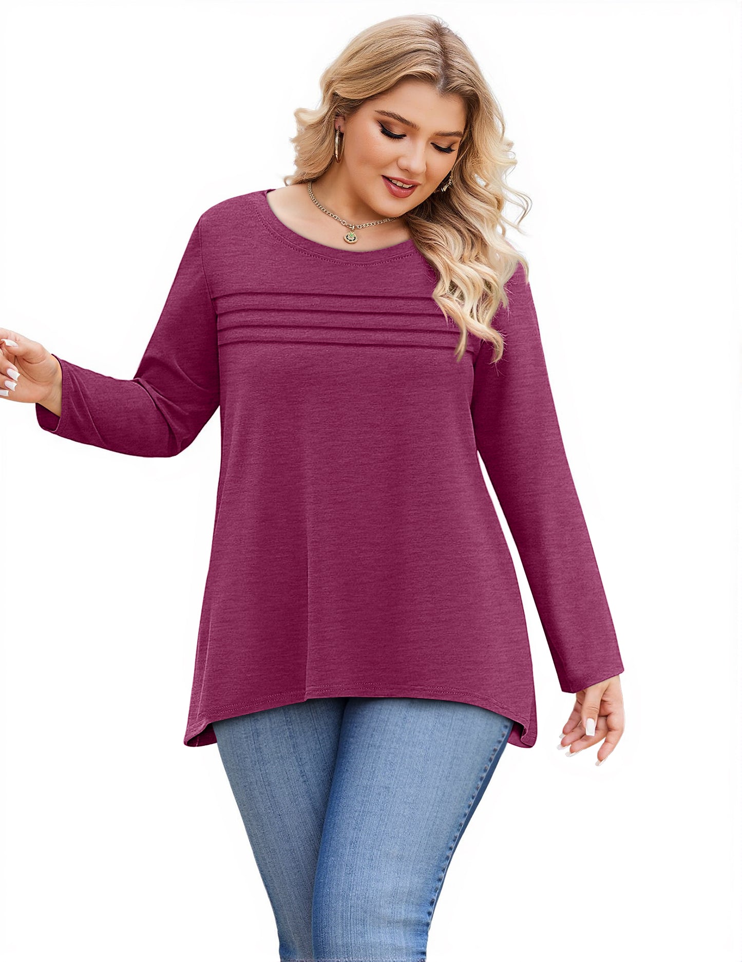 WellSize Plus Size Women Tunic Tops Casual Crew Neck Long Sleeve Blouses Dressy Pleated Fall Shirts