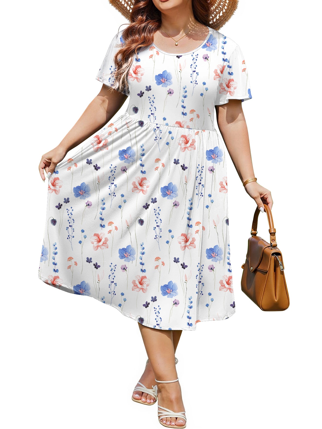 WellSize Plus Size Women Summer Dresses Casual Crew Neck Short Sleeve Sundresses Floral Midi Dress with Pockets