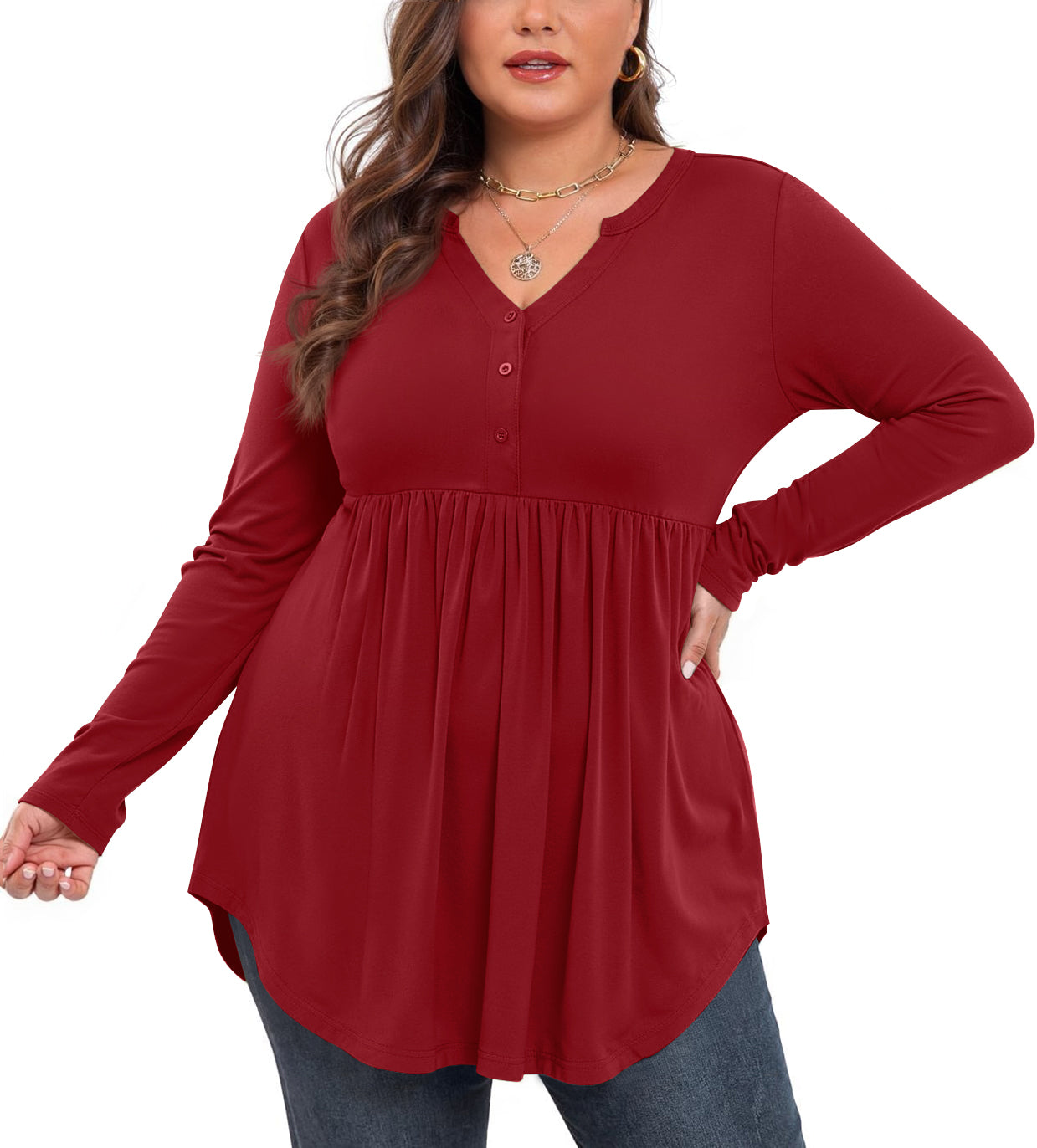 WellSize Plus Size Women Blouses V Neck Curved Hems Tunic Fall Tops Casual Long Sleeve Botton Shirts