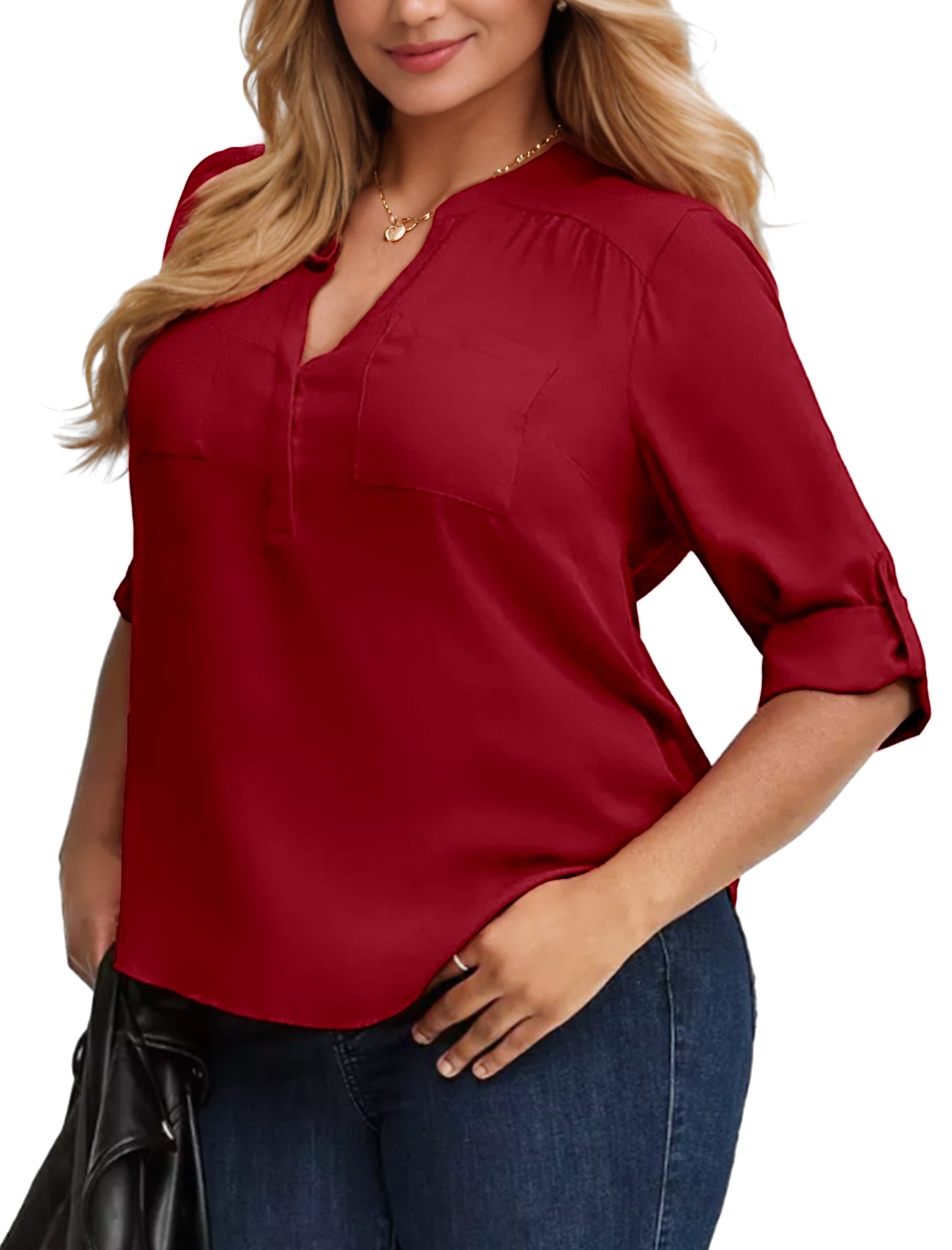 WellSize 3/4 Roll Sleeve Work Shirts for Women Plus Size Tunic Tops Flowy V Neck Button Down Blouses with Pockets