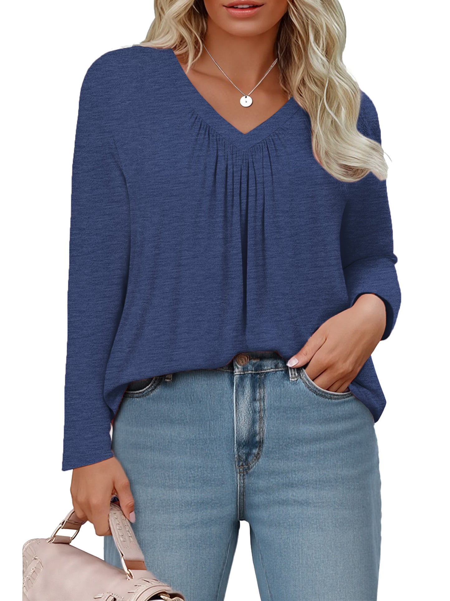 WellSize Womens Plus Size Tops Casual Pleated V Neck Fall Blouse Tunic Long Sleeve Shirts