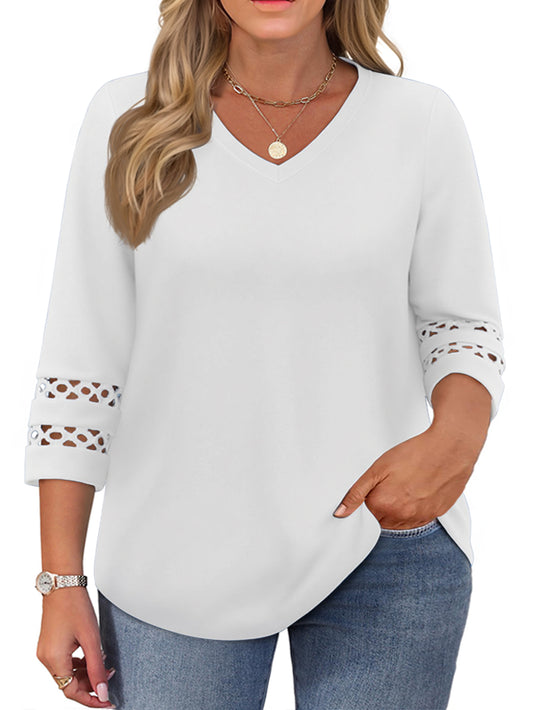 WellSize 3/4 Sleeve Womens Plus Size Tops V Neck Trendy Tunic Blouses Curved Hem Casual Shirts