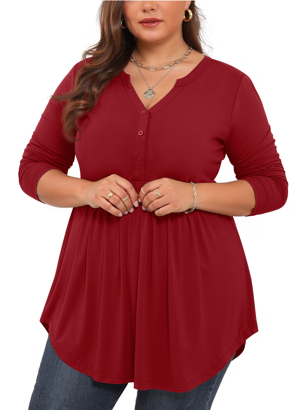 WellSize Plus Size Women Blouses V Neck Curved Hems Tunic Fall Tops Casual Long Sleeve Botton Shirts