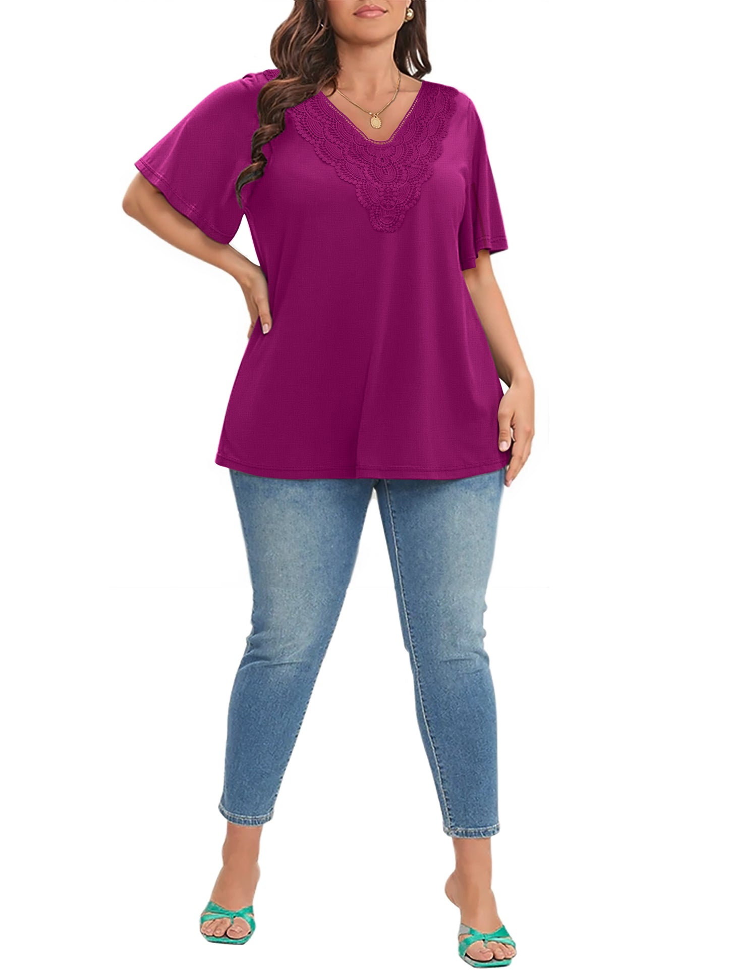 WellSize Women Plus Size Tops Dressy Lace V Neck Shirts Casaul Short Sleeve Tunic Blouses