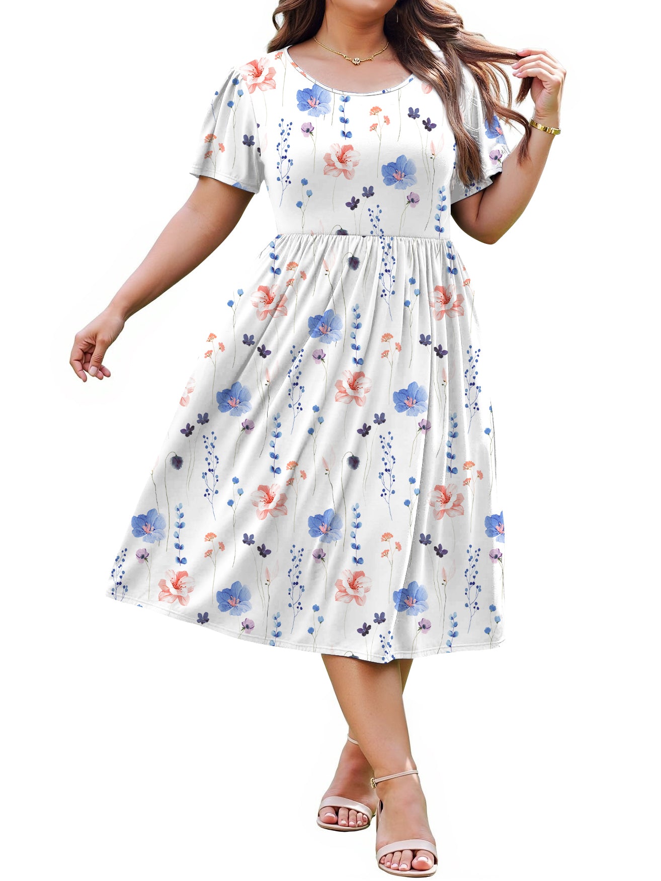 WellSize Plus Size Women Summer Dresses Casual Crew Neck Short Sleeve Sundresses Floral Midi Dress with Pockets
