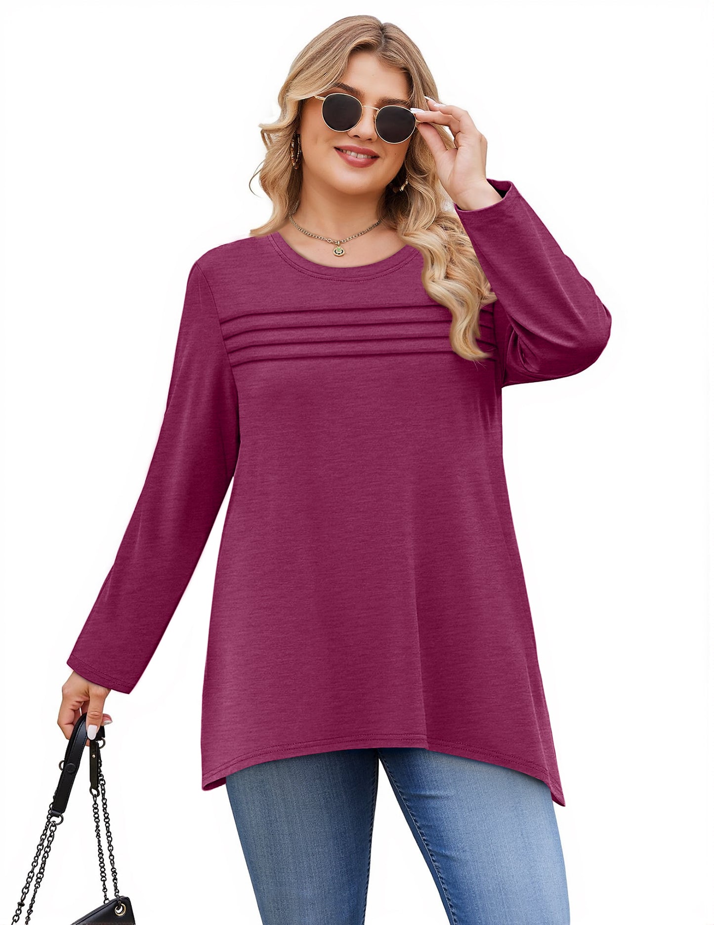 WellSize Plus Size Women Tunic Tops Casual Crew Neck Long Sleeve Blouses Dressy Pleated Fall Shirts