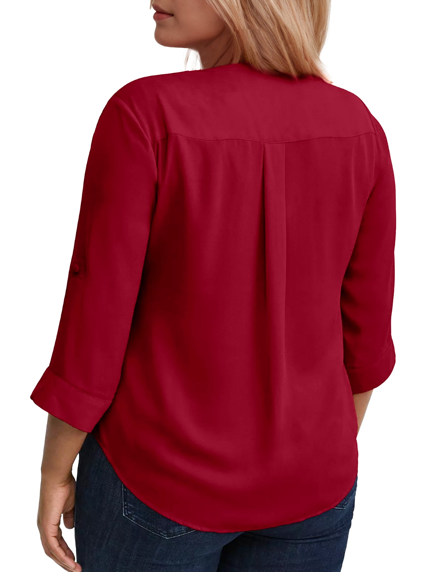 WellSize 3/4 Roll Sleeve Work Shirts for Women Plus Size Tunic Tops Flowy V Neck Button Down Blouses with Pockets